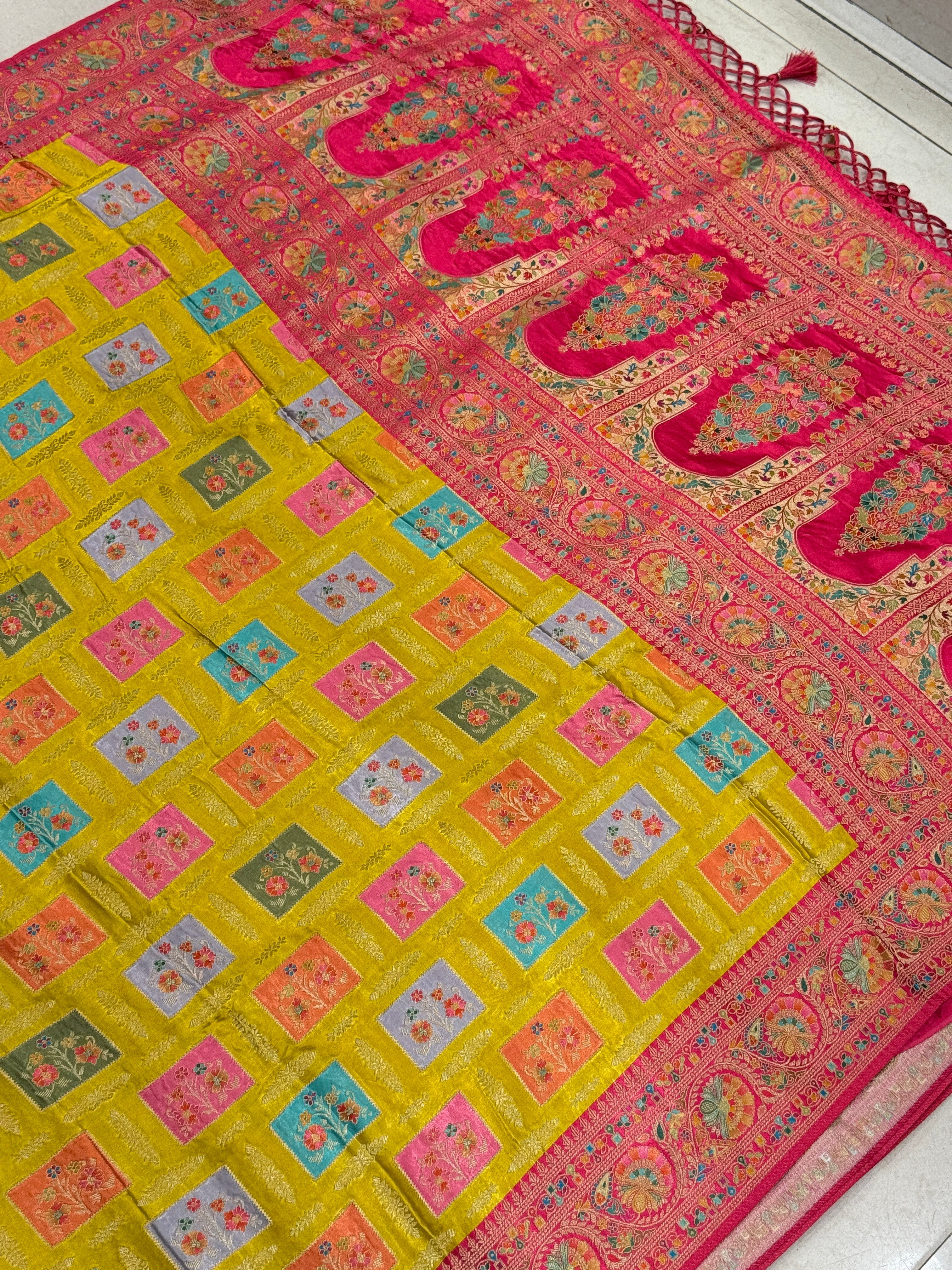Yellow Box Check Banarasi Modal Satin Rangkat Saree