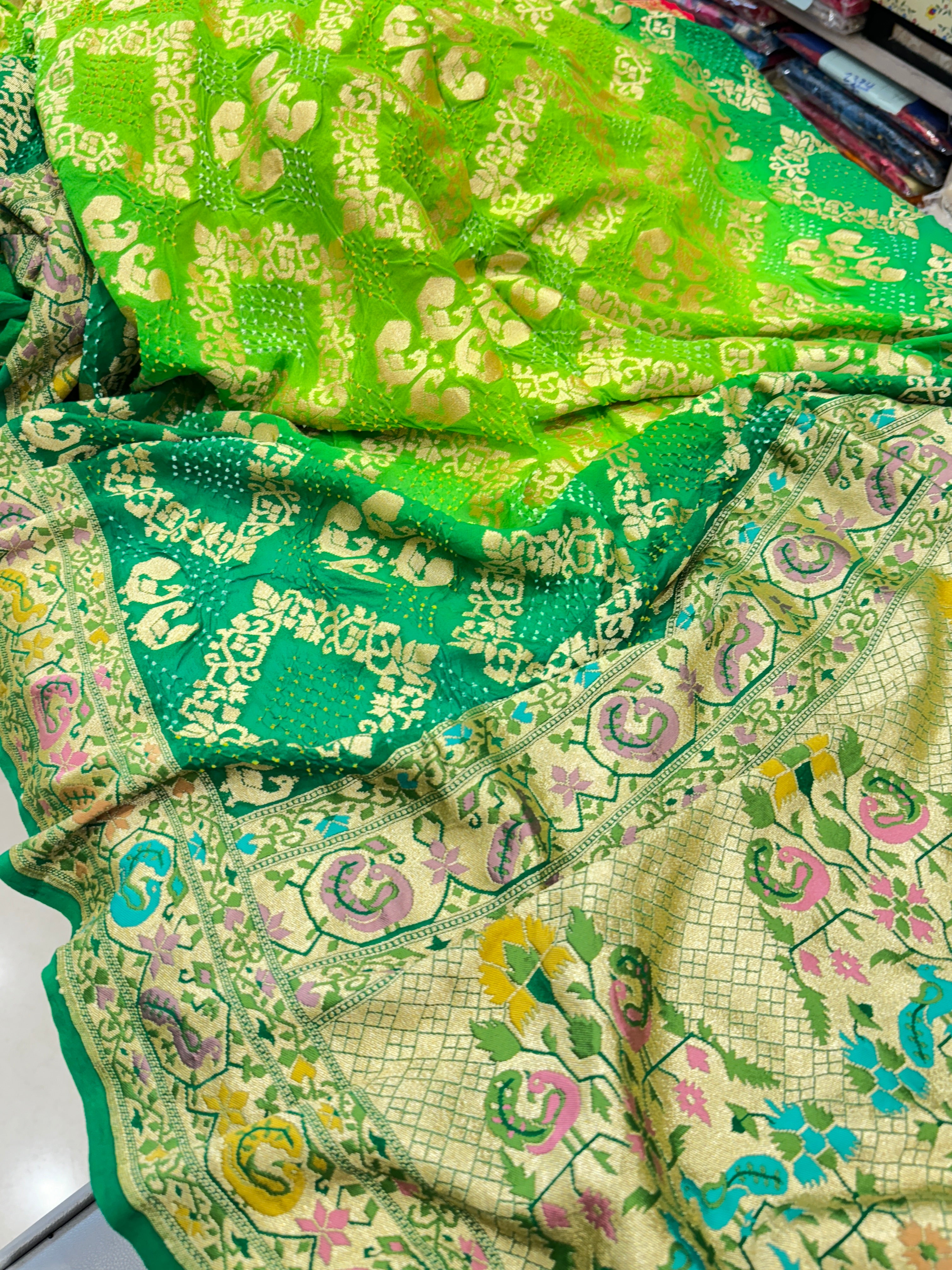 Green Shaded Luxury Bandhej Meenakari Saree