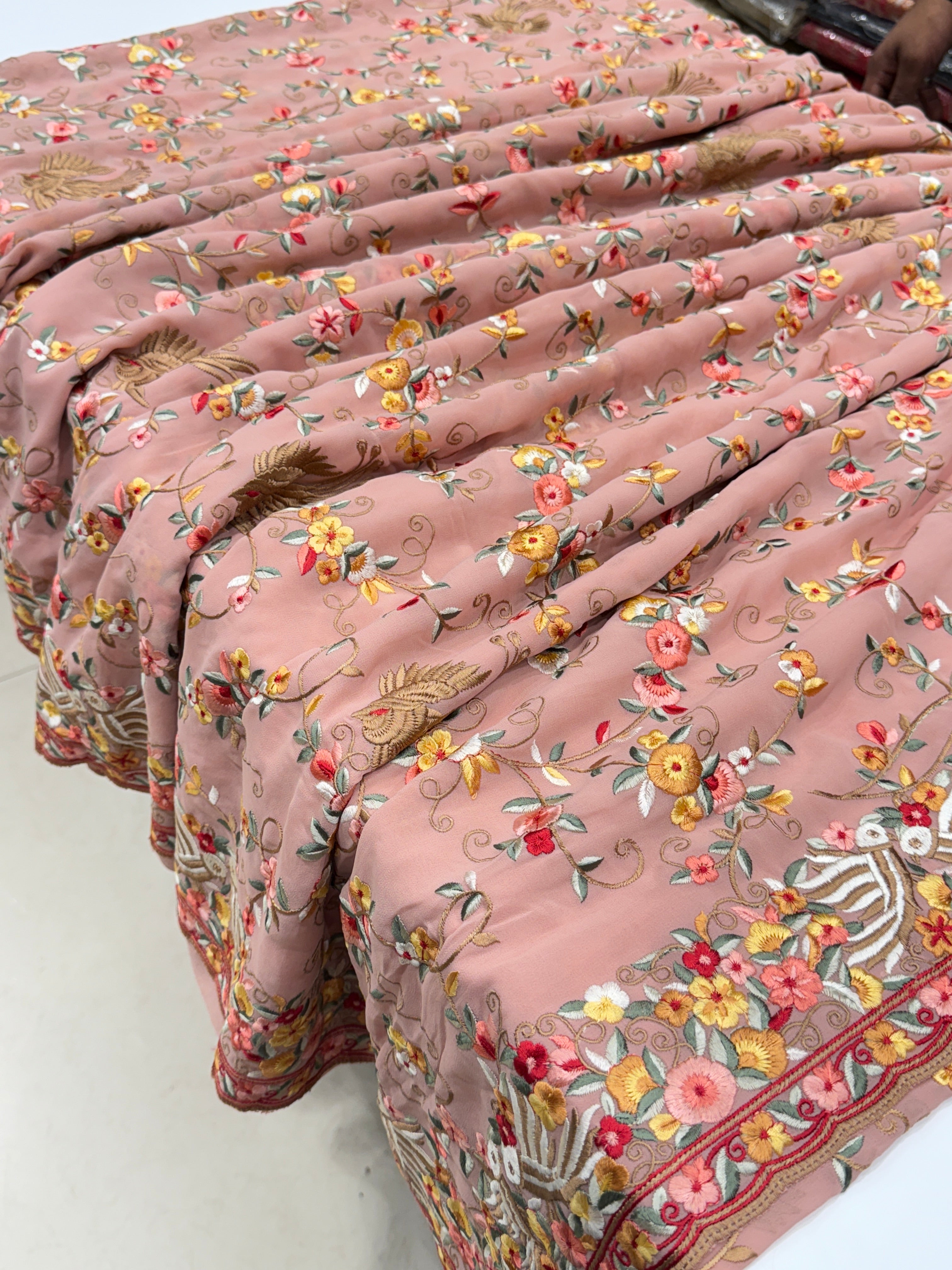 Pink Georgette Multi Colour Jaal Floral Parsi Gara Saree