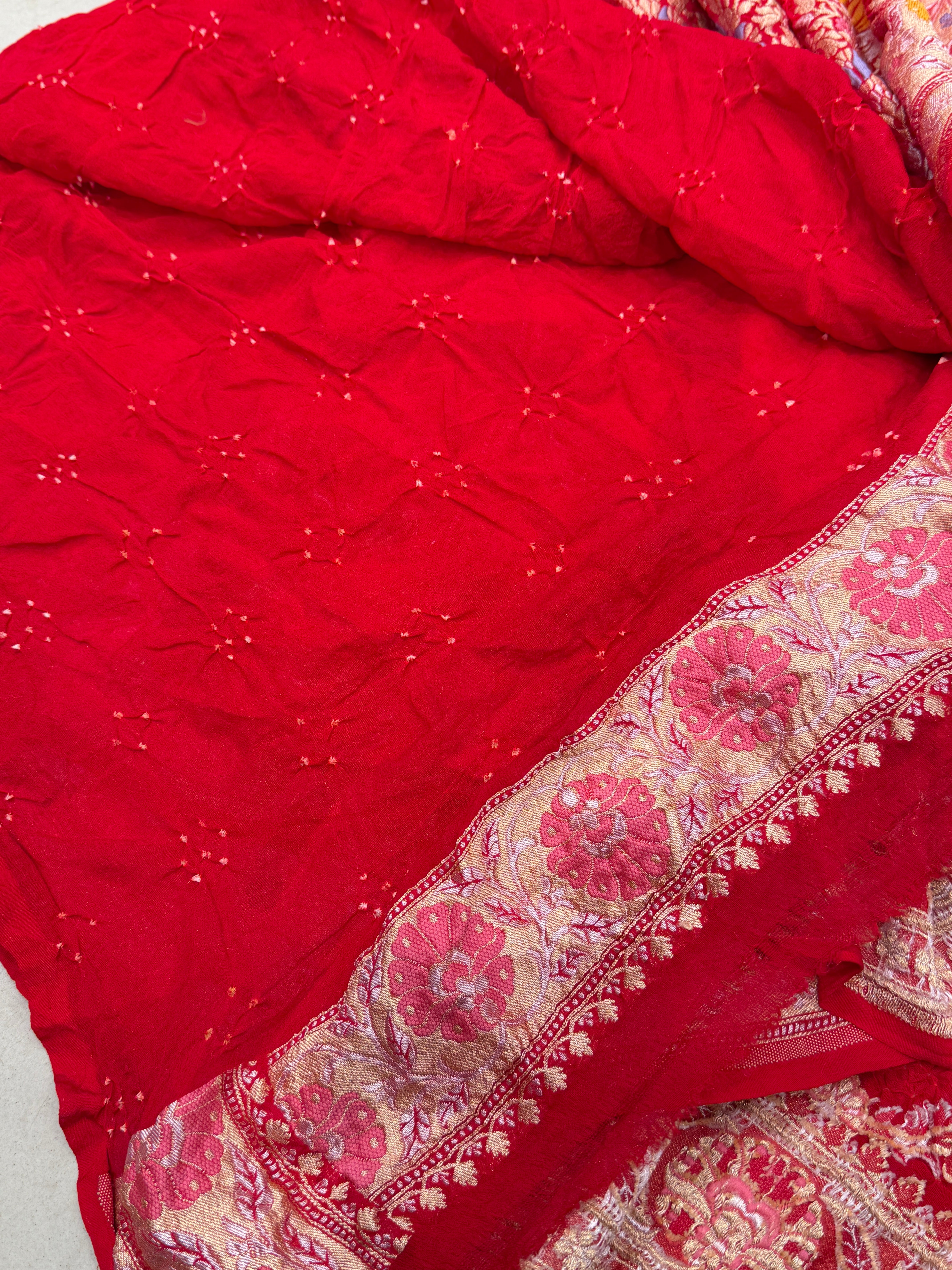 Shaded Orange Red Meenakari Jaal Pure Handloom Bandhej Georgette Saree