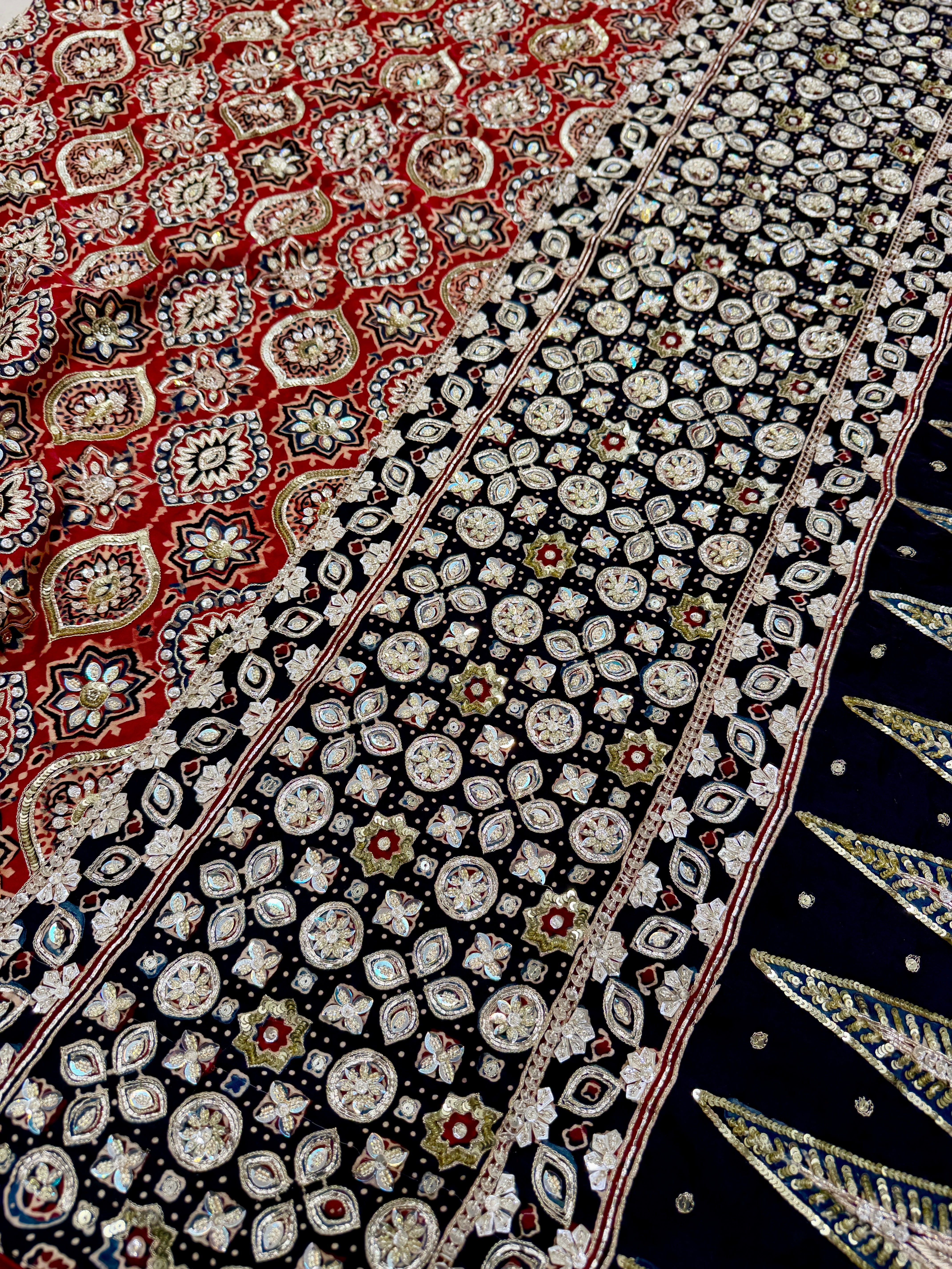 Red Black Badam Jaal French Knot Pita Zardosi Sequin Ajrakh Hand Embroidery Saree