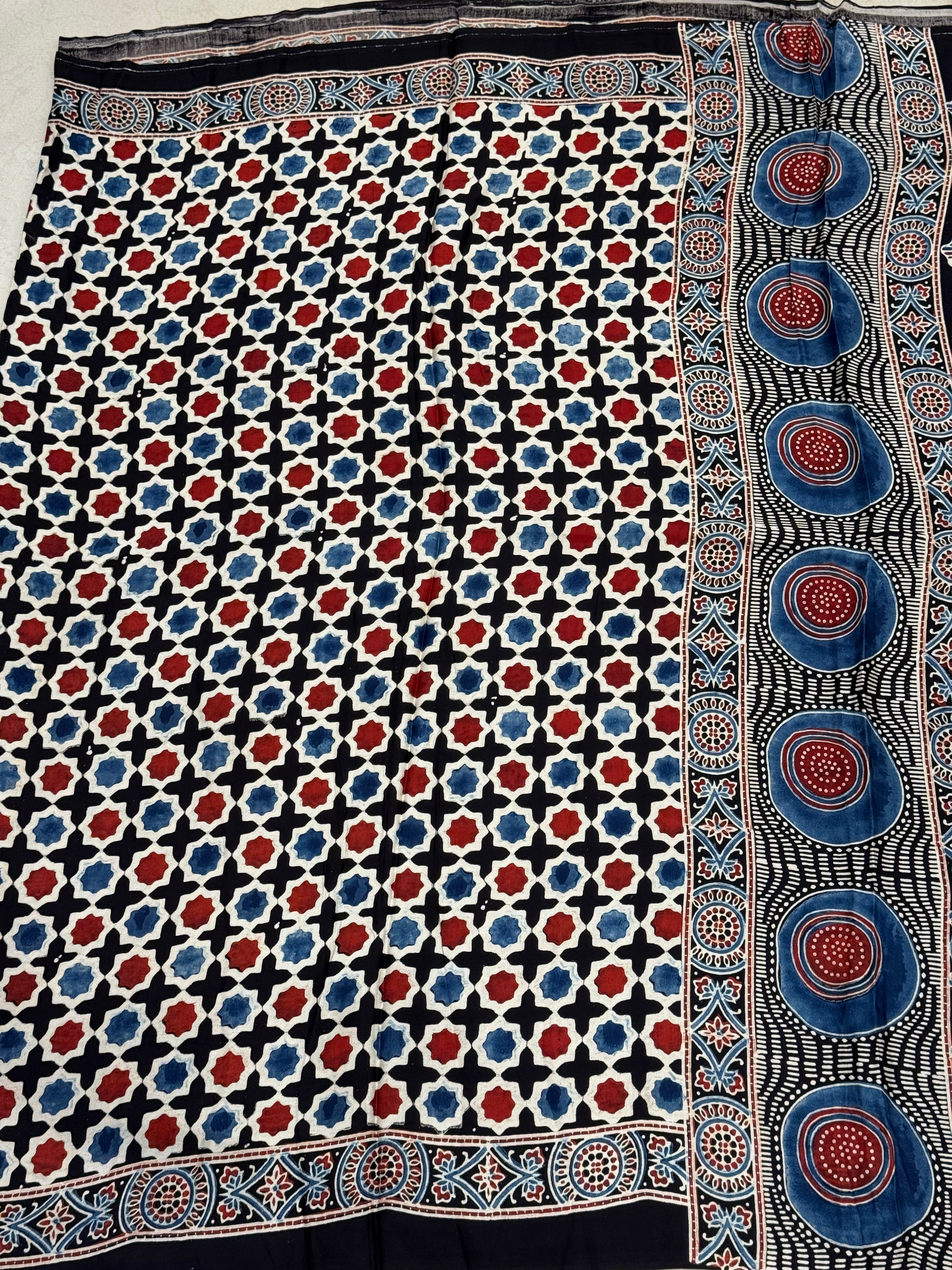 Star Cross Butti Modal Gajji Silk Ajrakh Saree