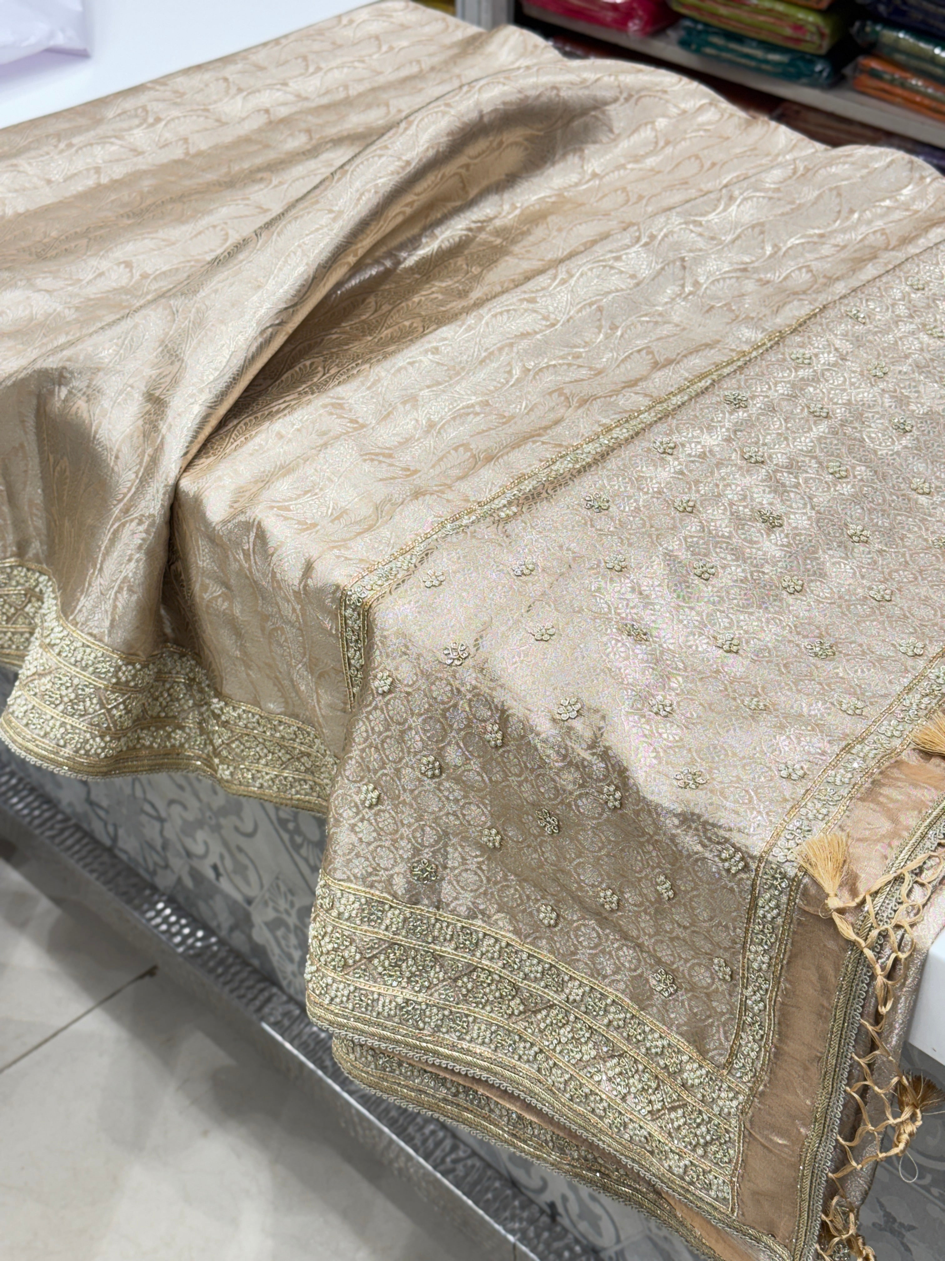 Nude Pink Silver Tissue Kanjivaram Moti Hand Embroidery Saree