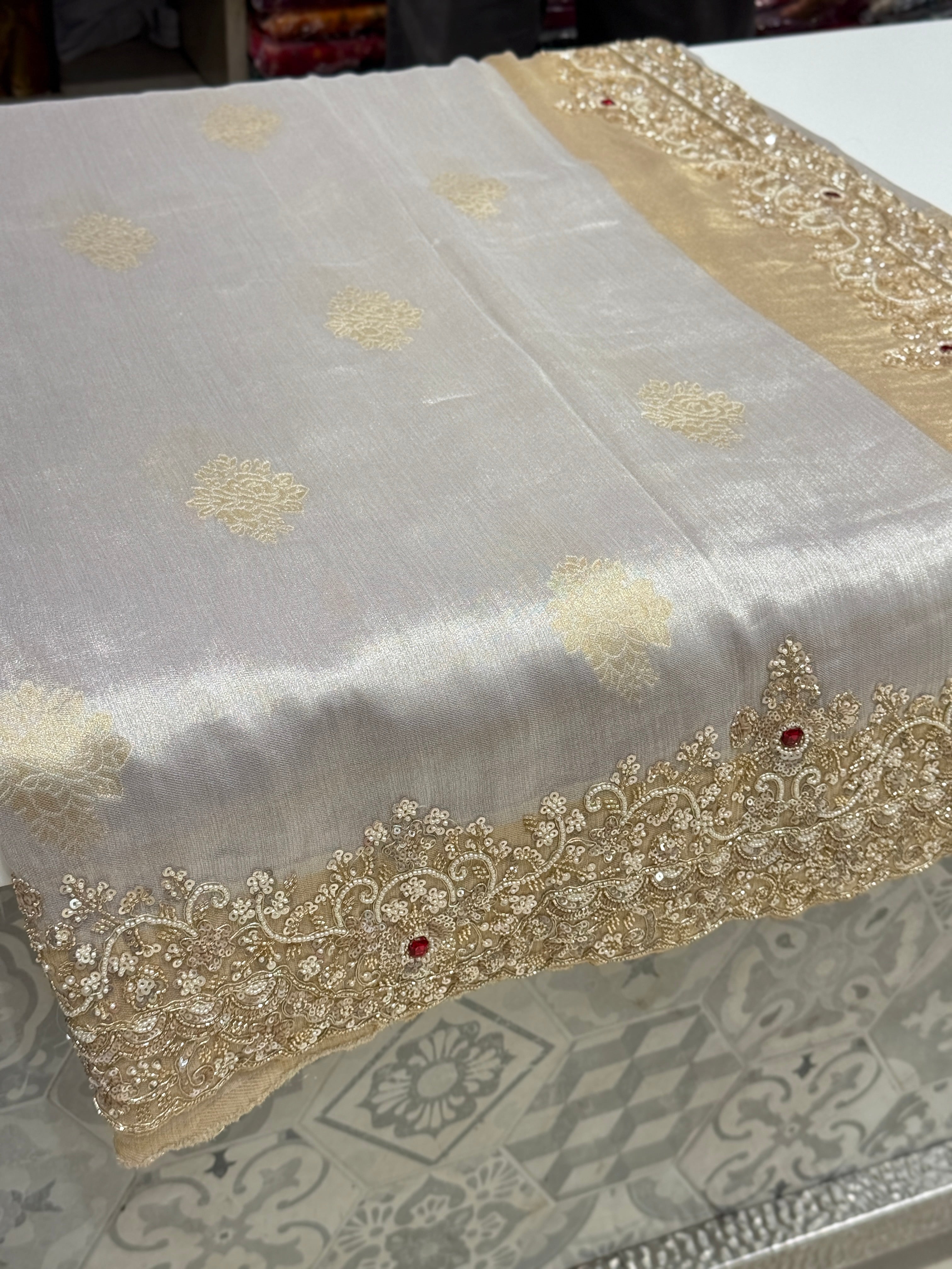 Silver Golden Tissue Moti Cutdana Embroidery Saree