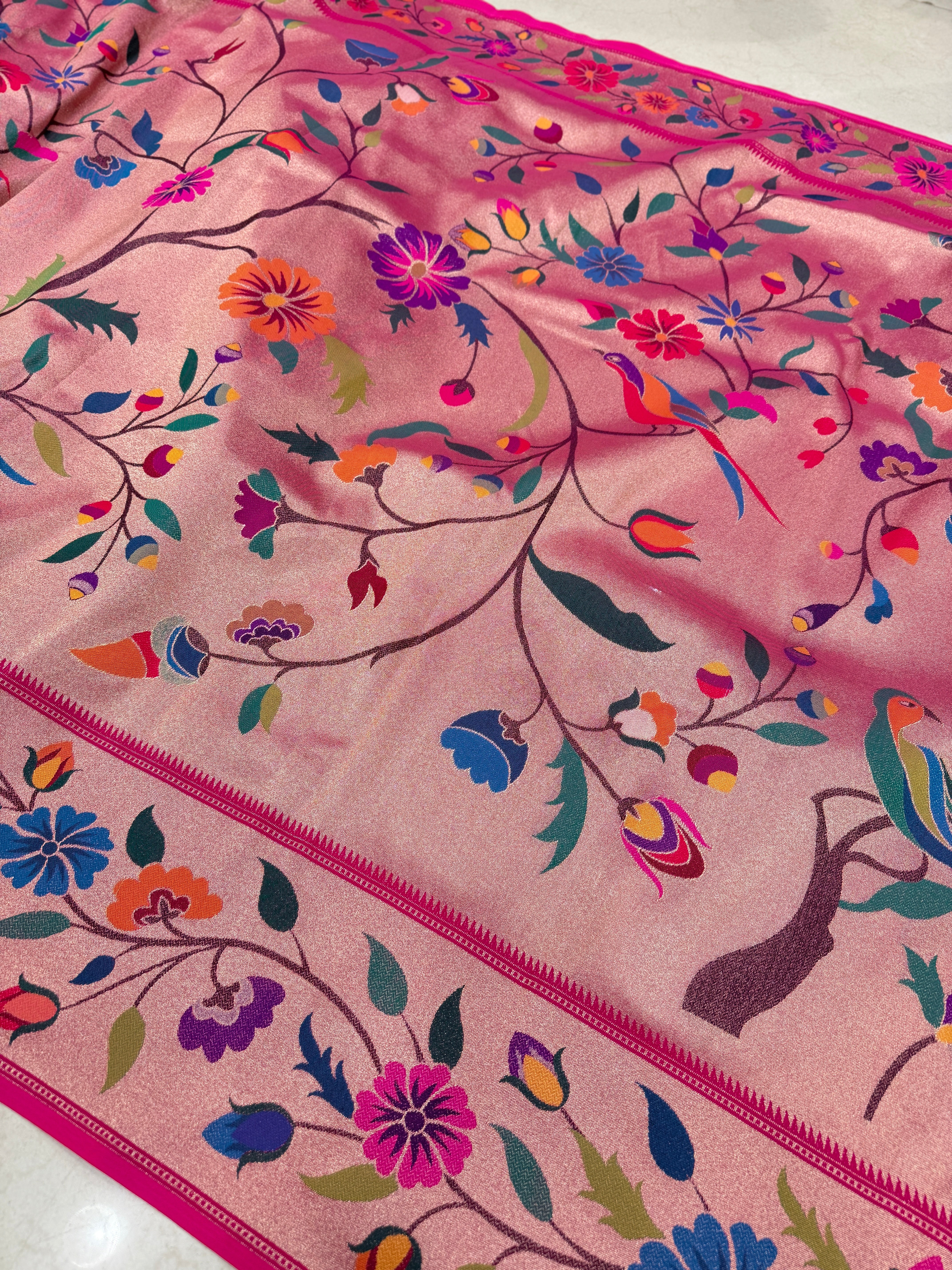 Golden Tissue Silk Paithani Meenakari Jaal Floral Saree