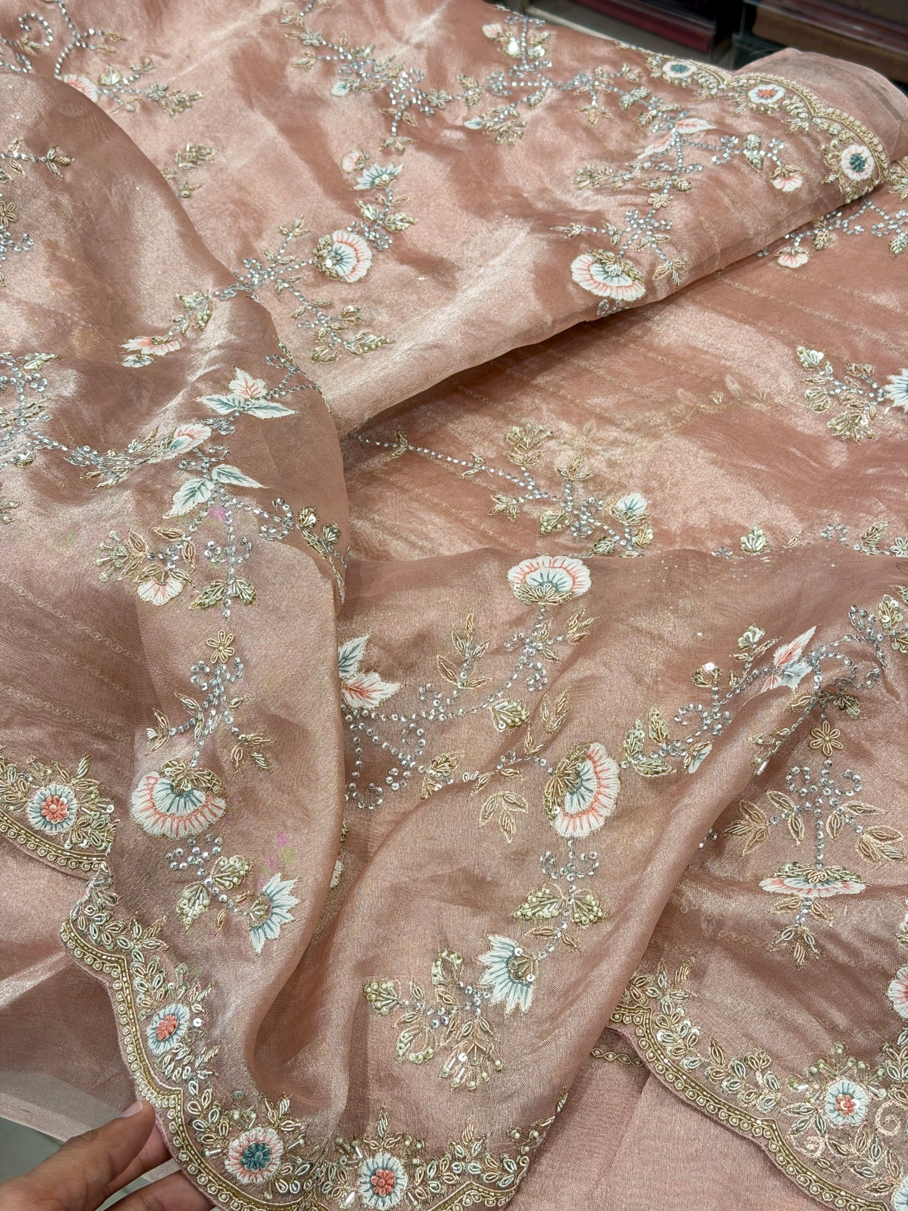 Pink Tissue Zardosi Resham Knot Hand Embroidery Saree