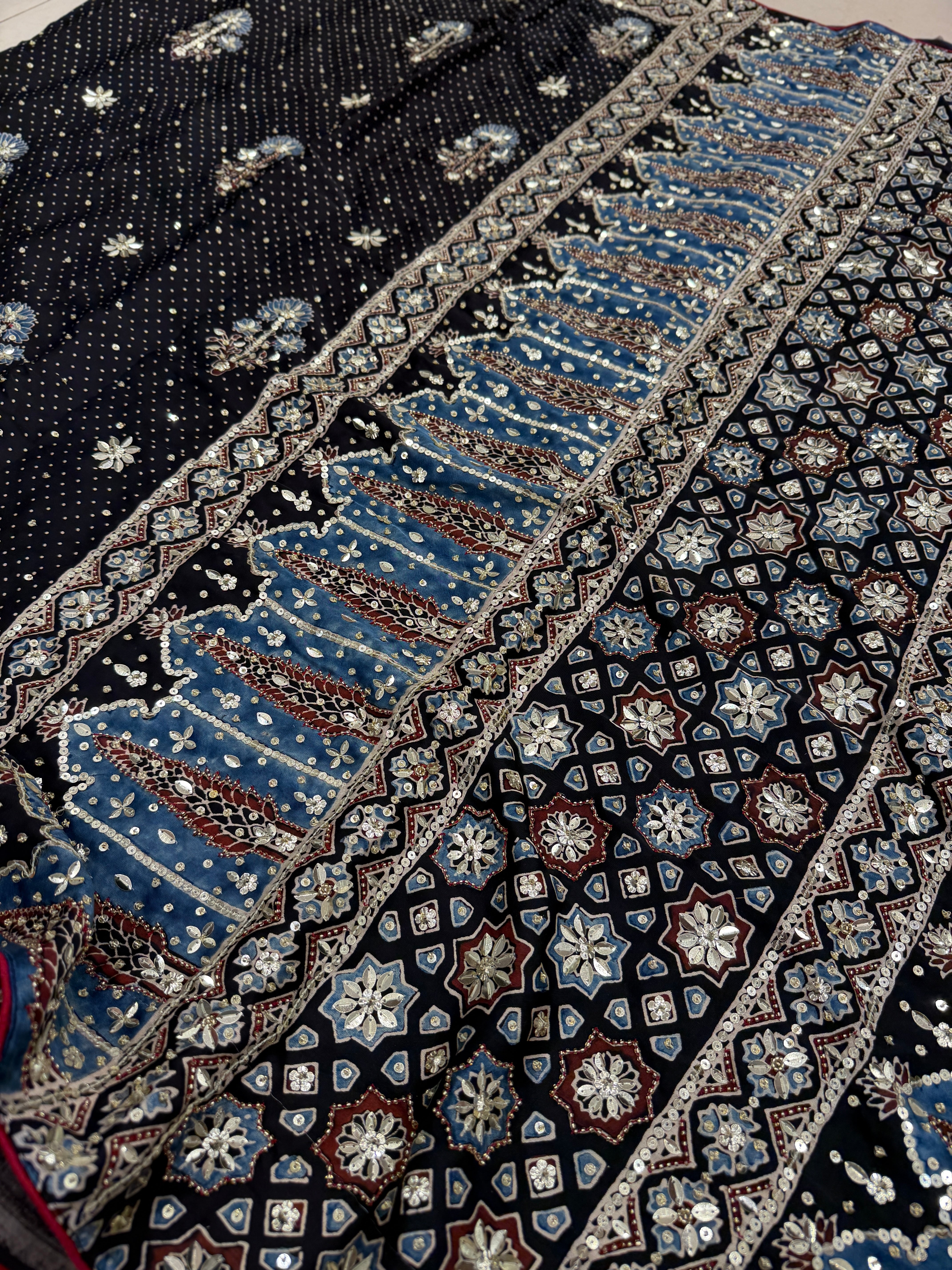 Black Butta Ajrakh Real Mirror Sequin Moti Hand Embroidery Saree