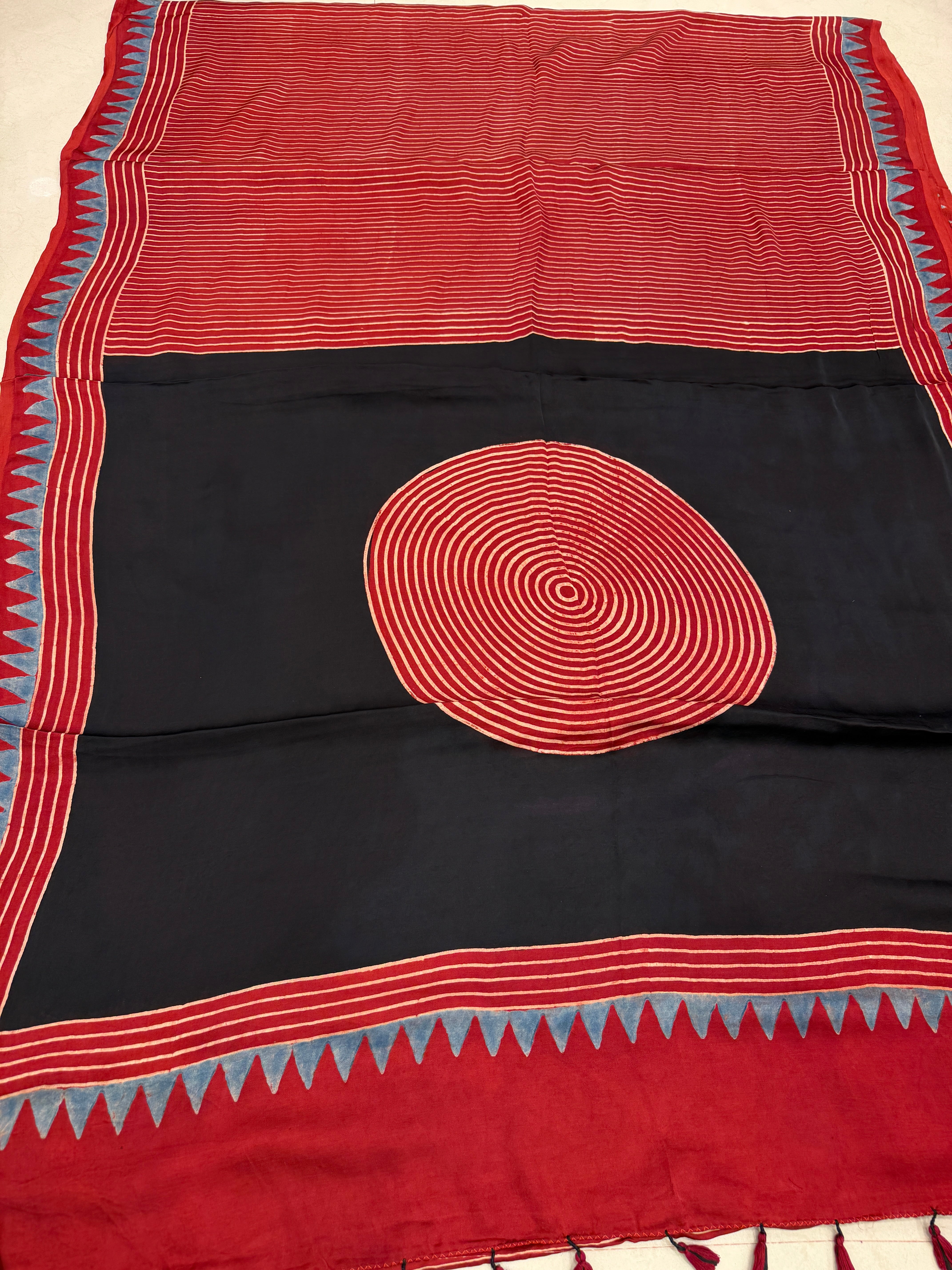 Red Contemporary Spiral Pallu Ajrakh Block Print Hand Pure Gajji Silk Saree
