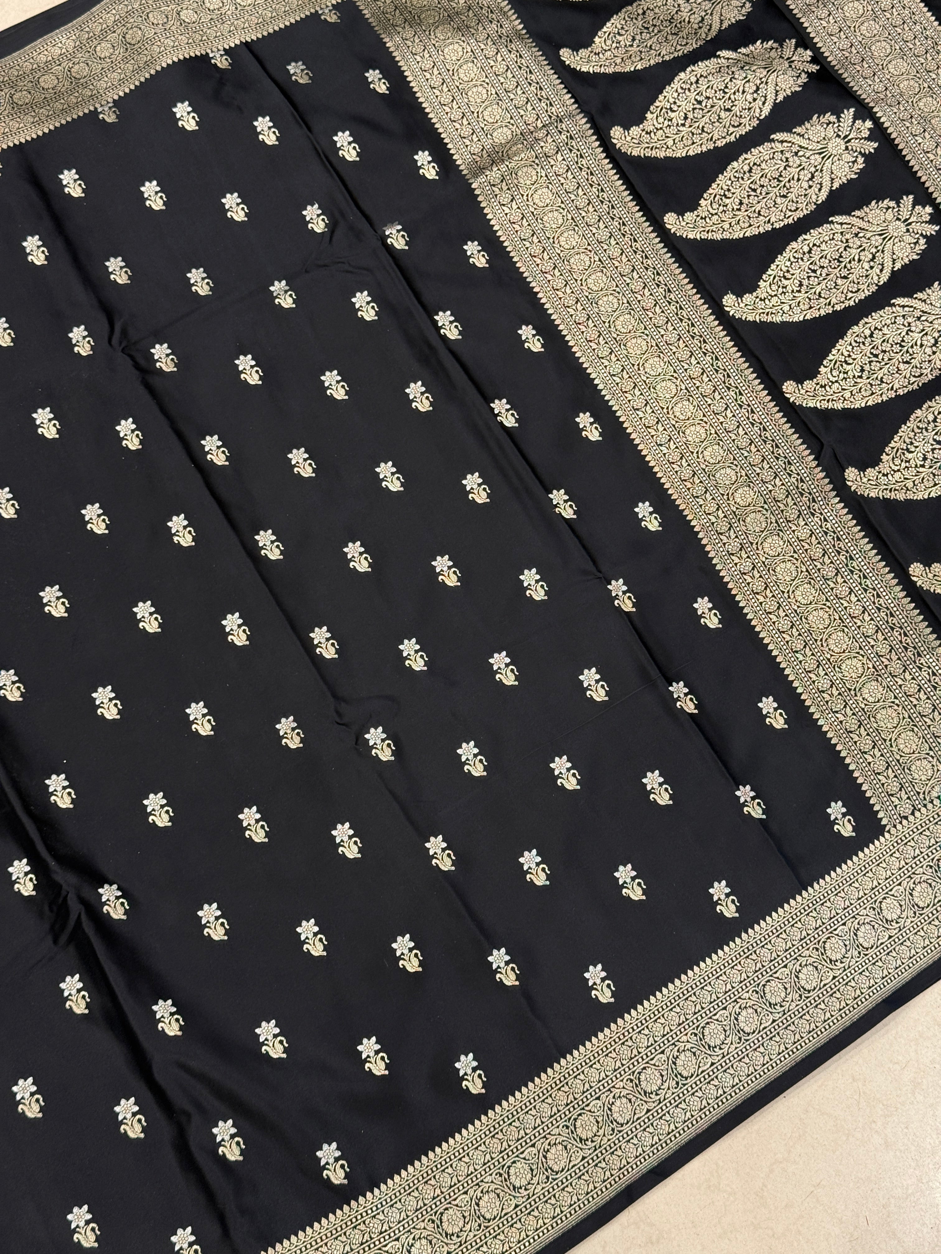 Black Sona Roopa Sunflower Butti Banarasi Silk Saree