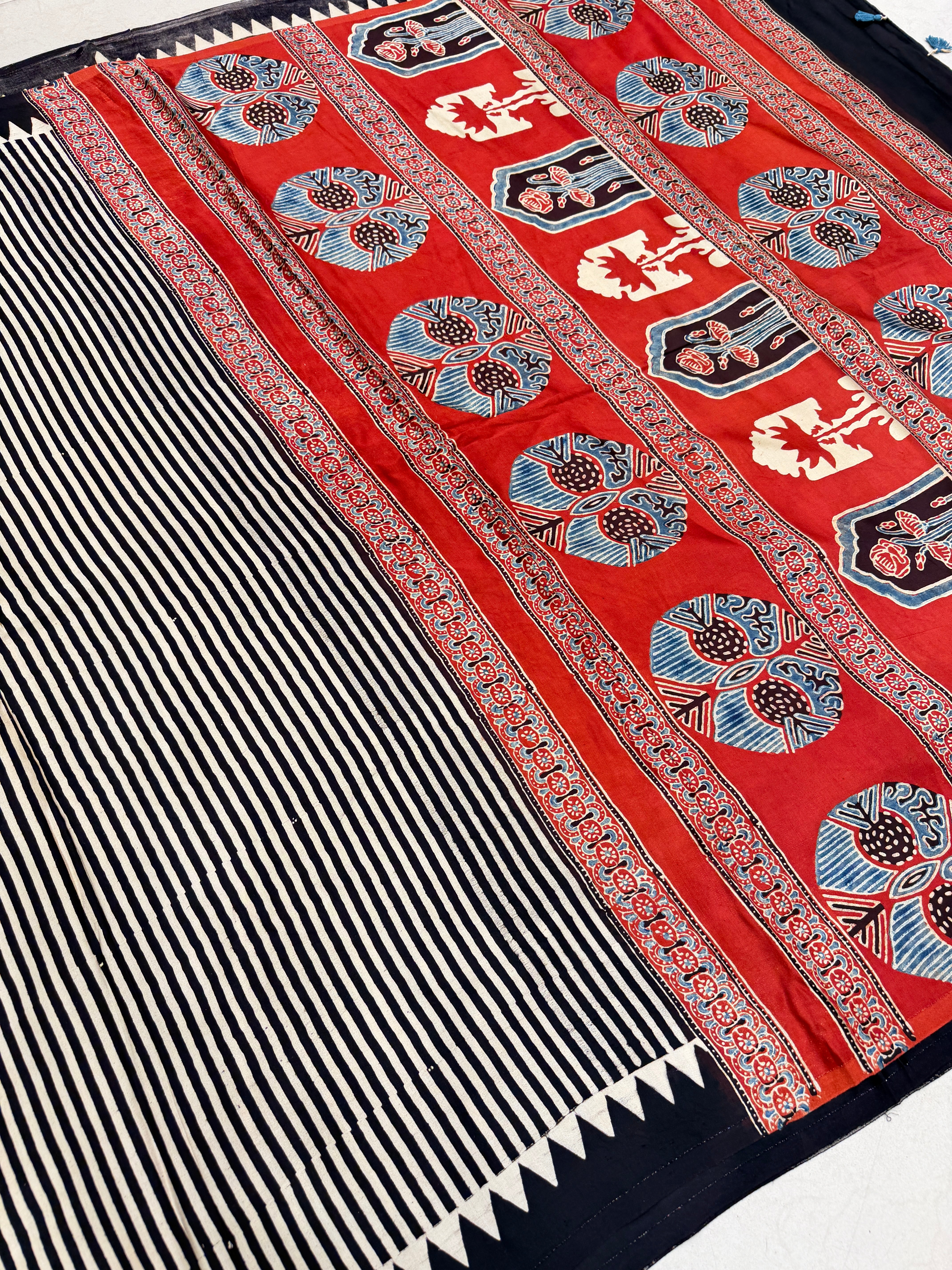 Black Red Contemporary Ajrakh Hand Block Print Pure Gajji Silk Saree