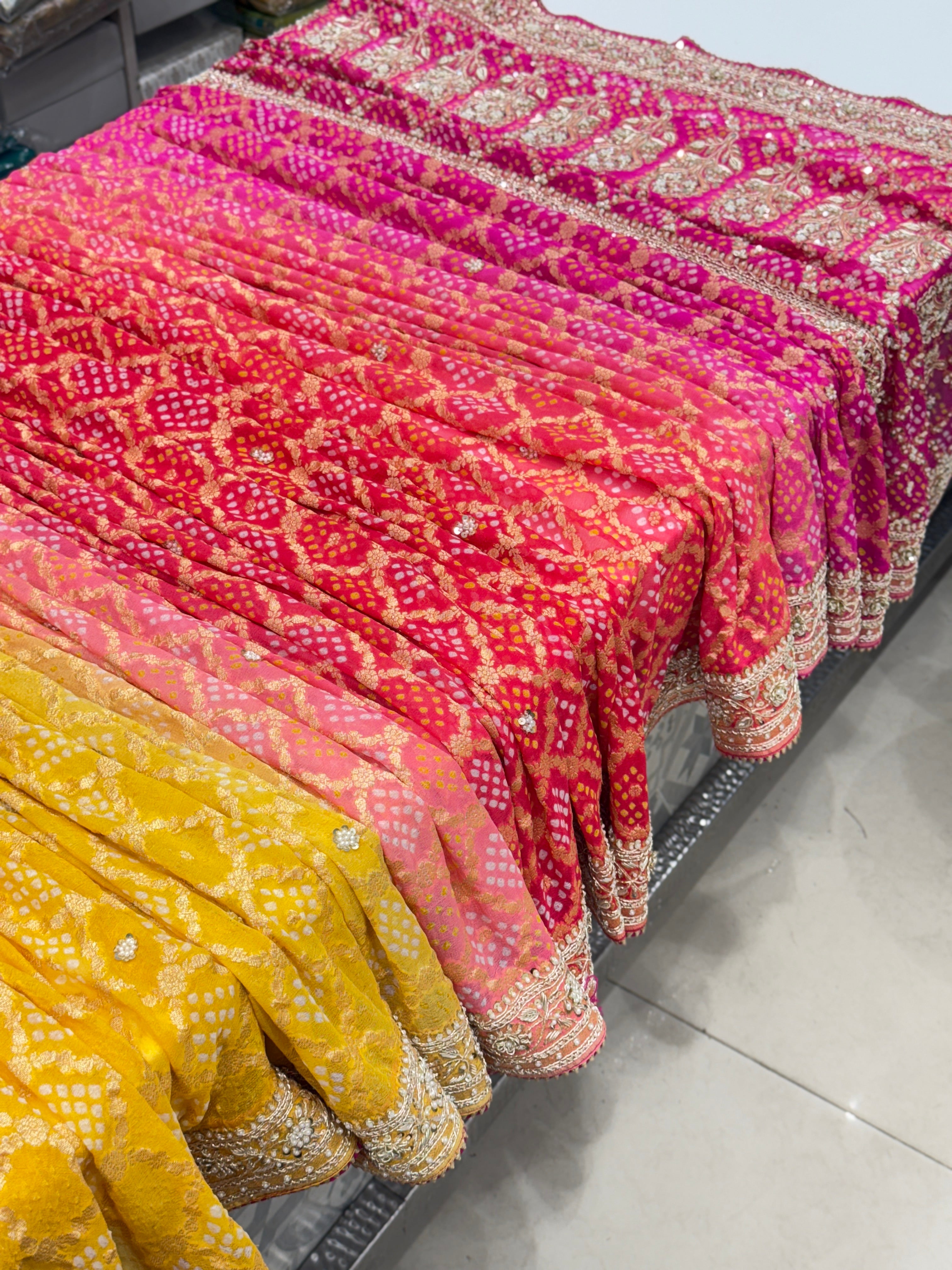 Six Colour Shaded Hand Embroidery Bandhej Saree