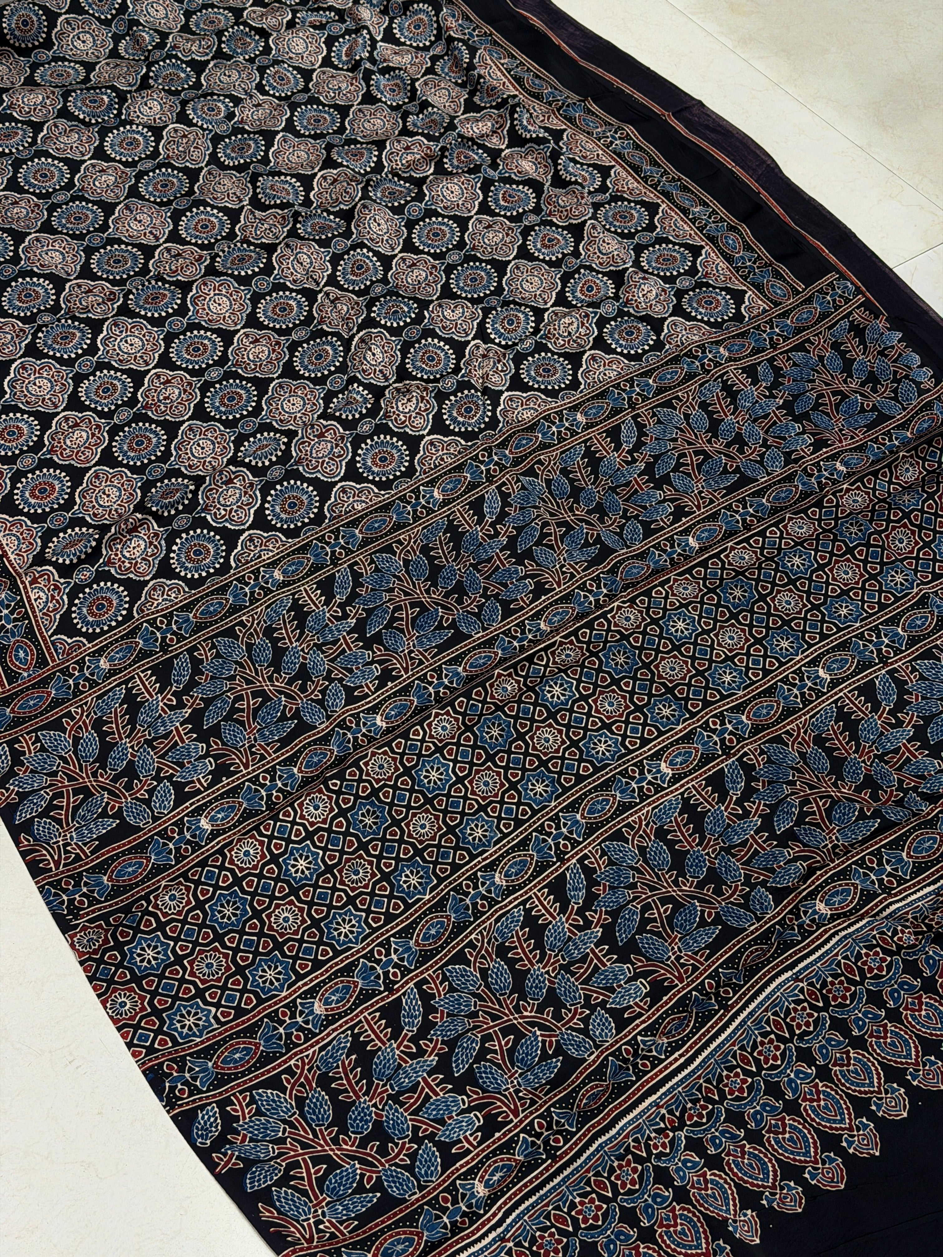 Black Geometric Circles Ajrakh Hand Block Print Pure Modal Silk Saree