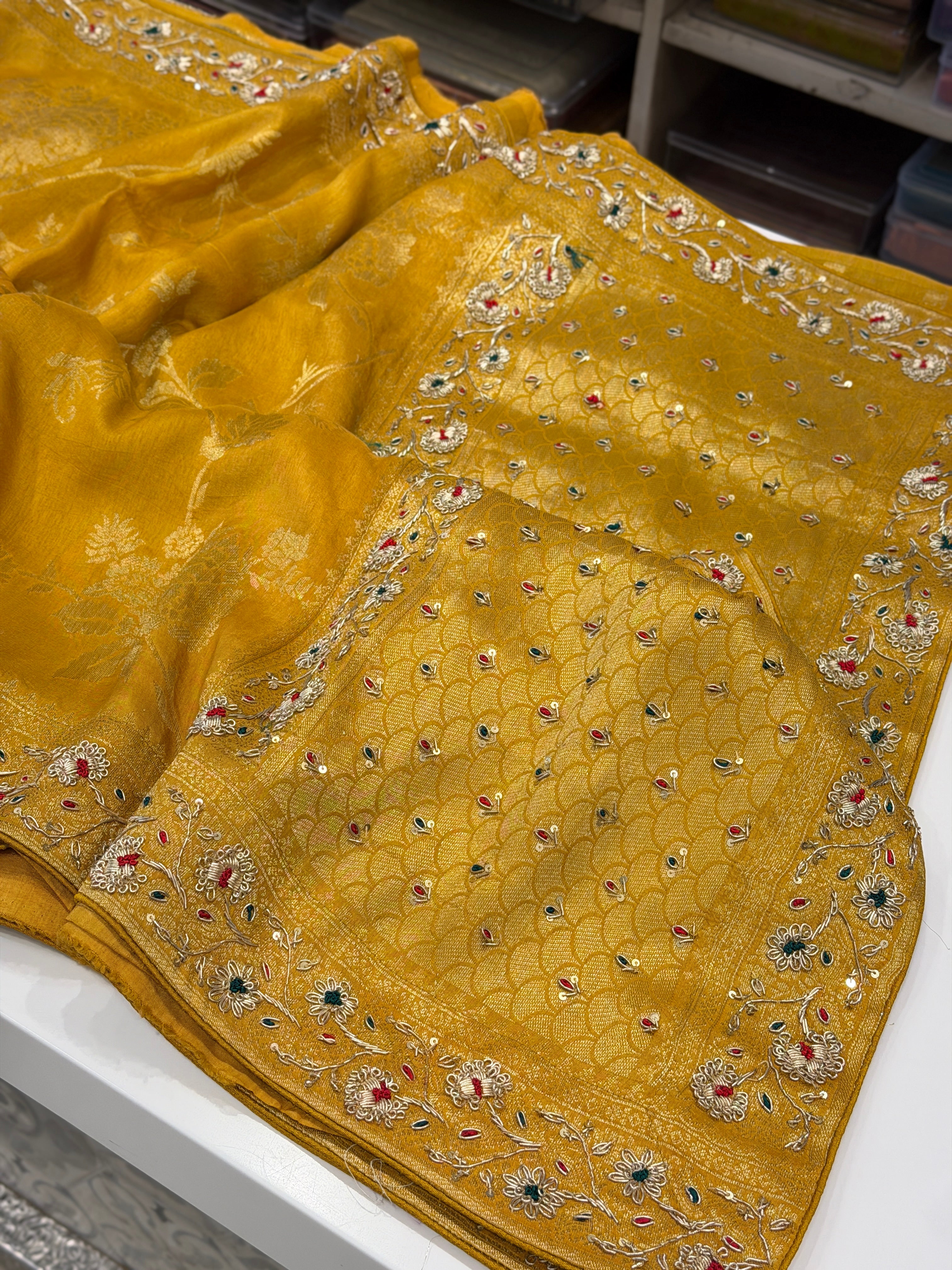 Mustard Yellow Banarasi Munga Zardosi Resham Hand Embroidery Saree