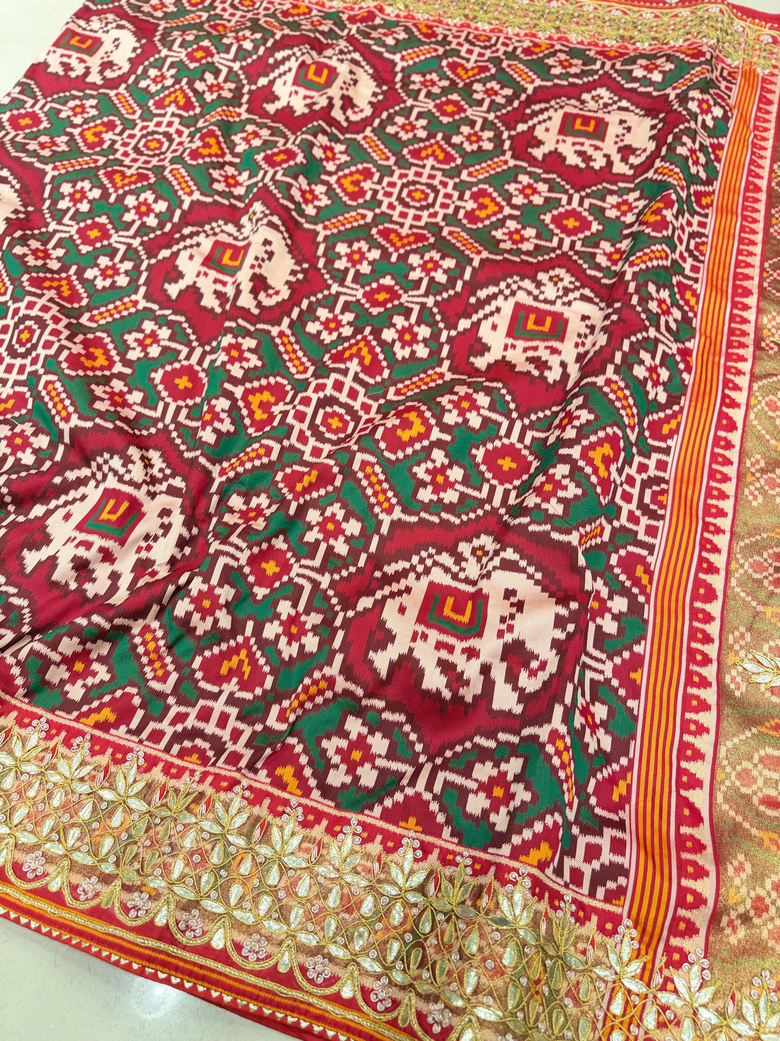 Maroon Green Chabdi Elephant Gotapatti Hand Embroidery Saree