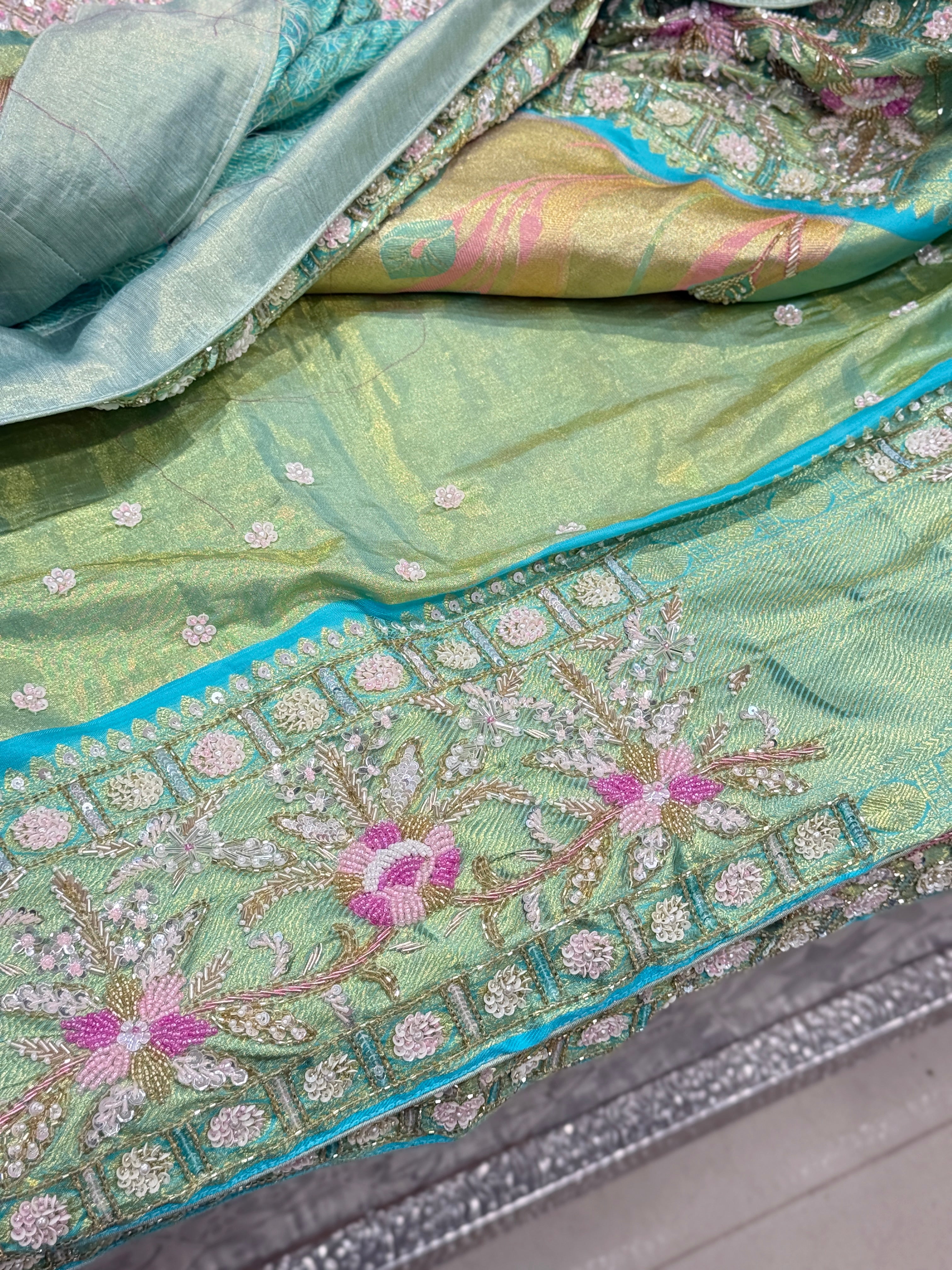 Green Meenakari Tissue Kanjivaram Hand Embroidery Saree
