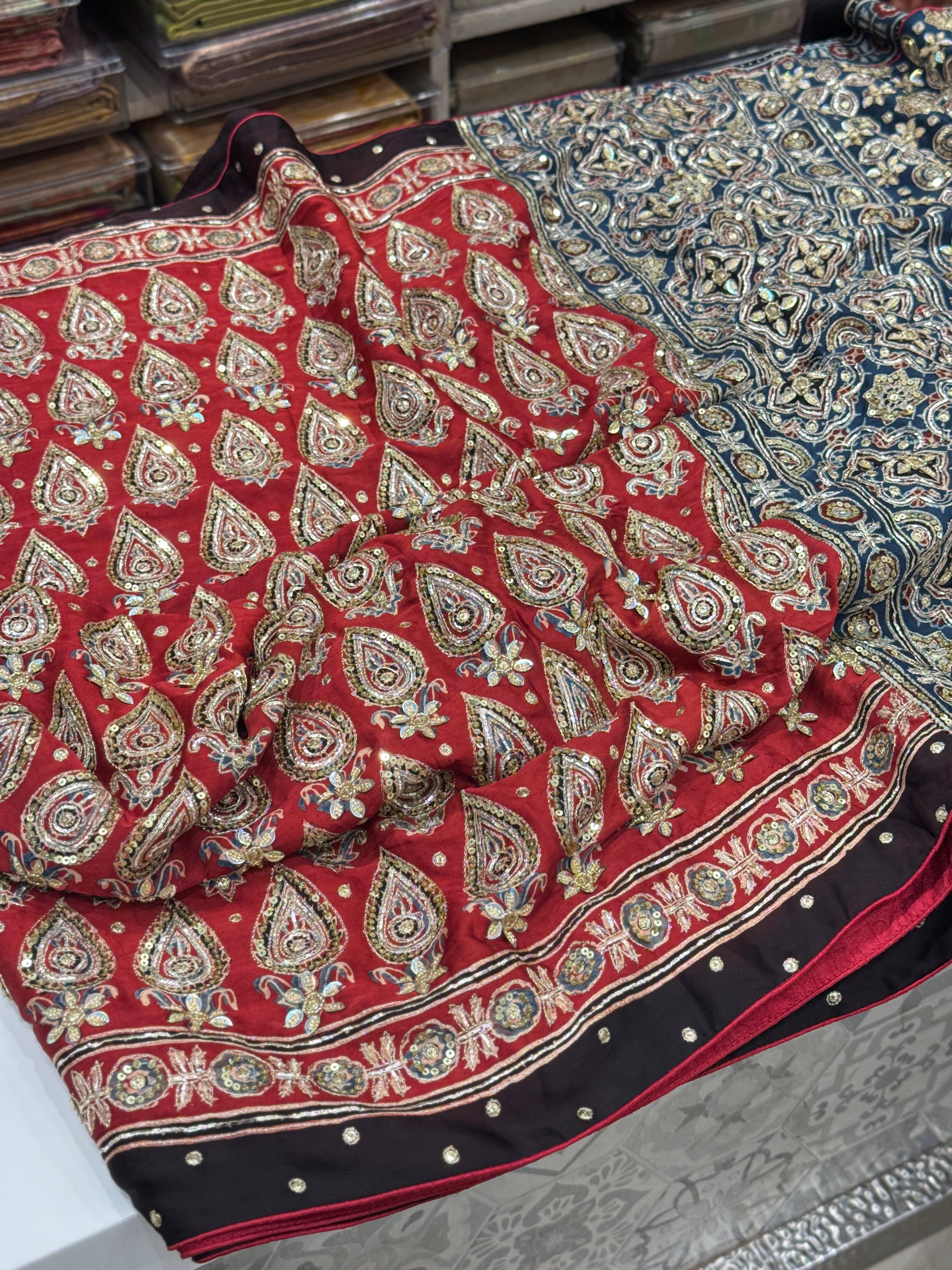 Red Blue Pallu Floral Buttas Ajrakh Hand Embroidery Saree