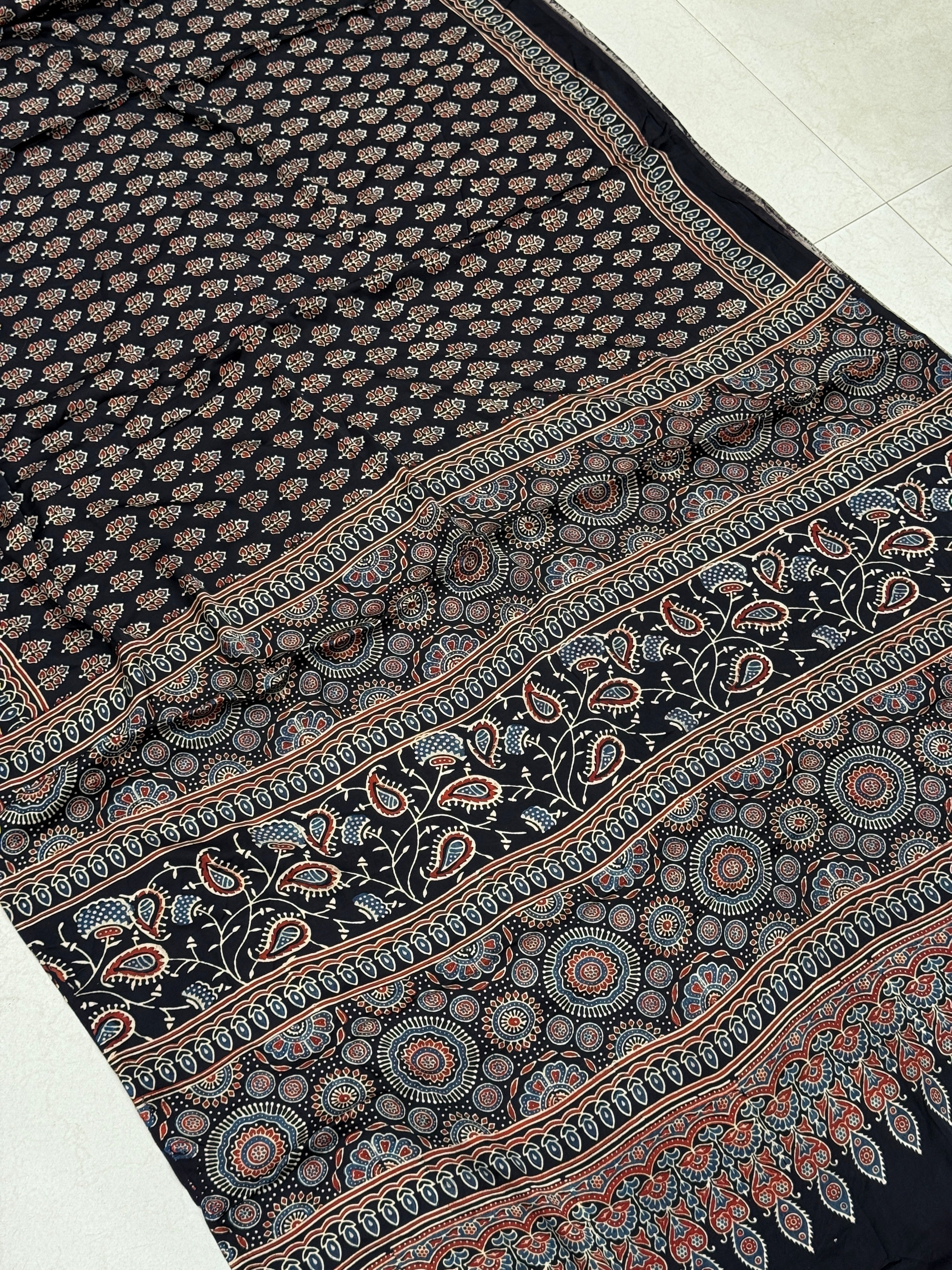 Black Blue Buttis Ajrakh Block Print Hand Pure Gajji Silk Saree