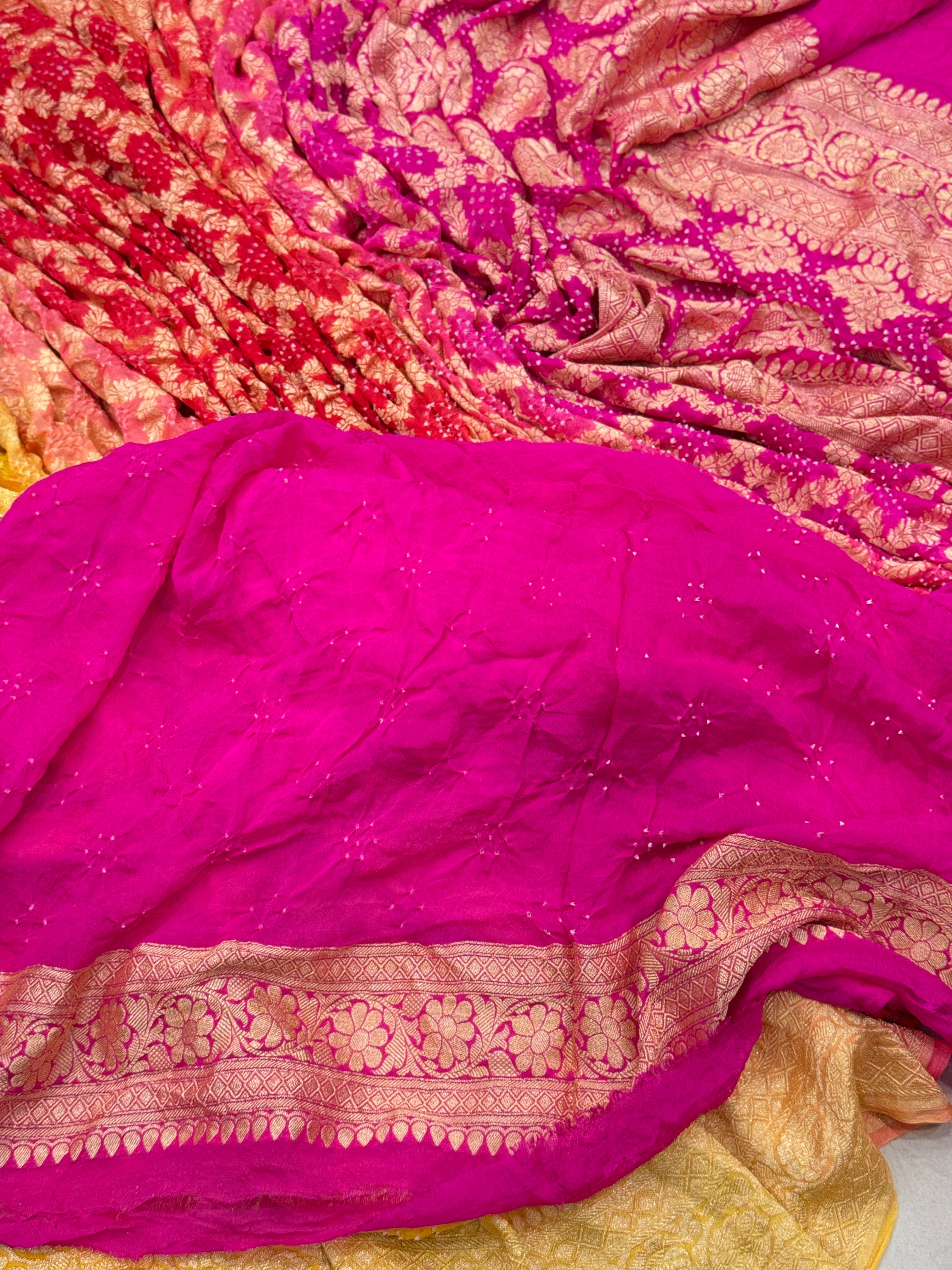 Shaded Rani Six Colour Bandhej Bandhini Saree