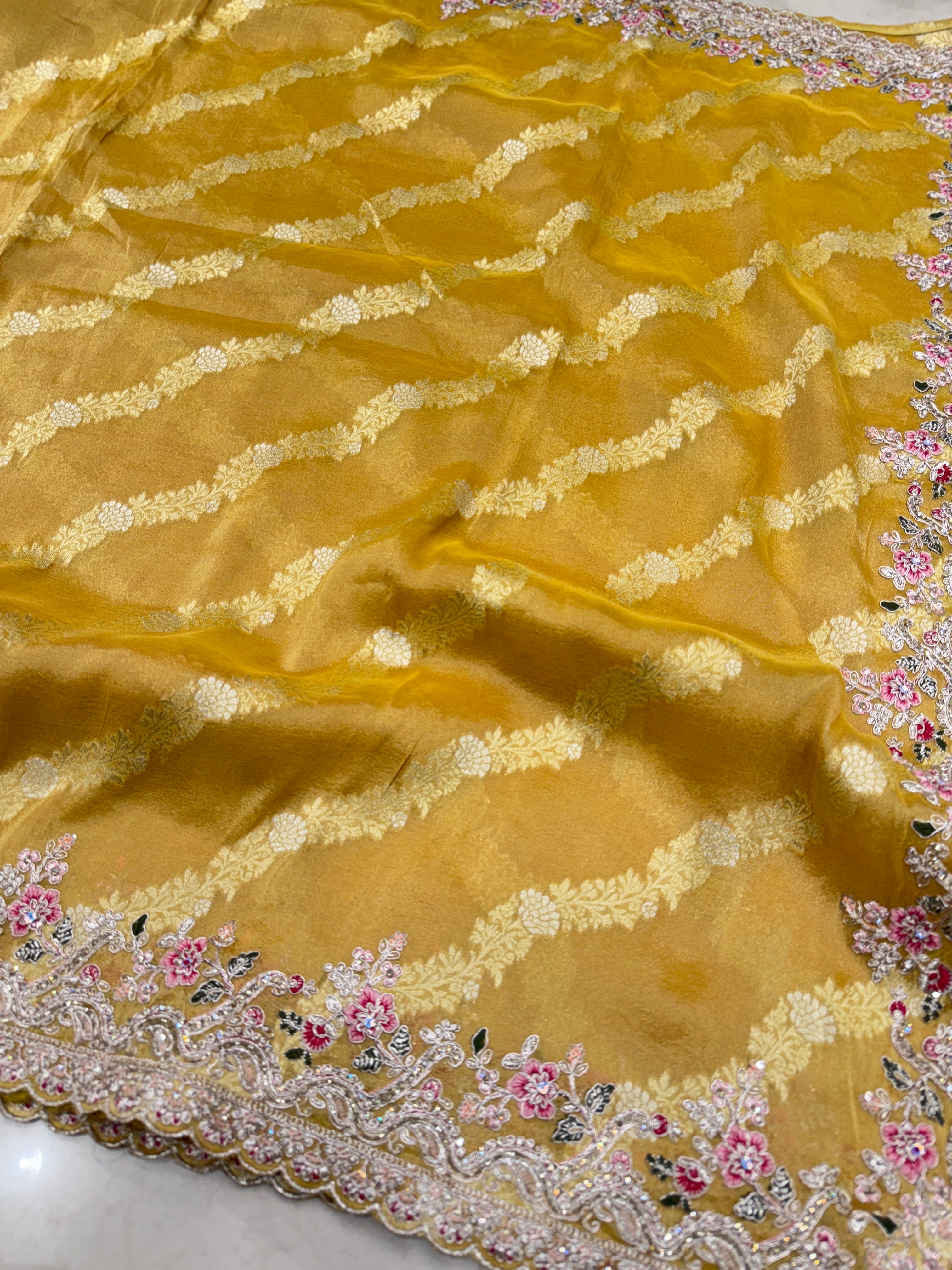 Yellow Tissue Weaved Resham Zari Embroidery Saree