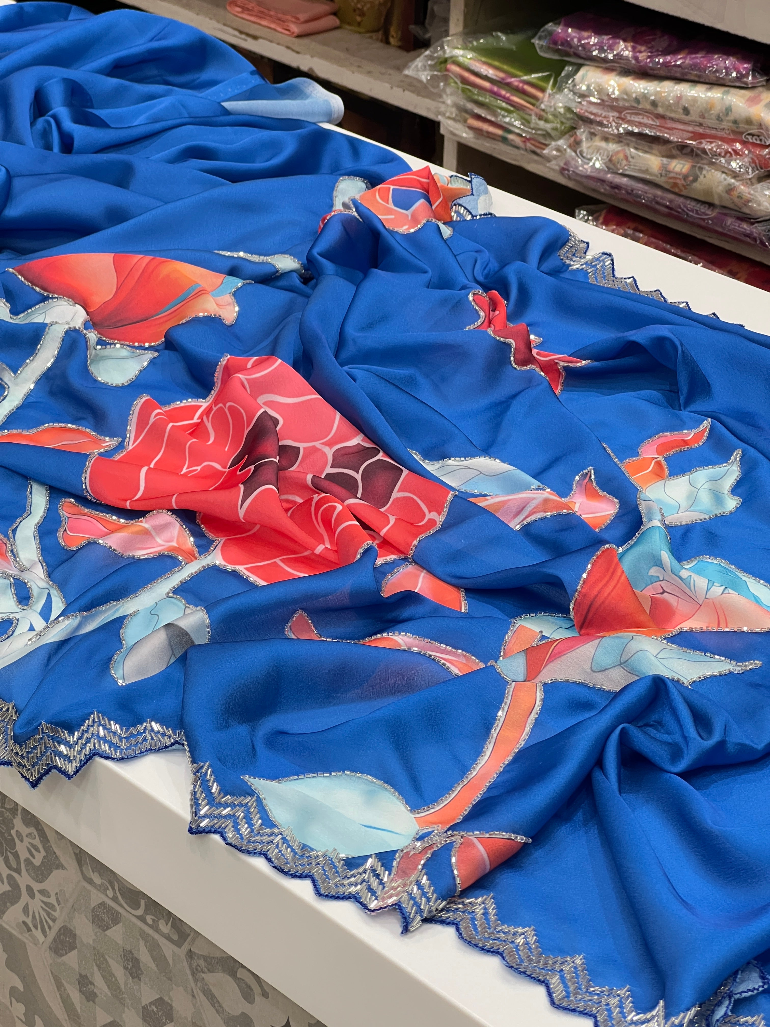 Blue Satin Border Embroidery Saree