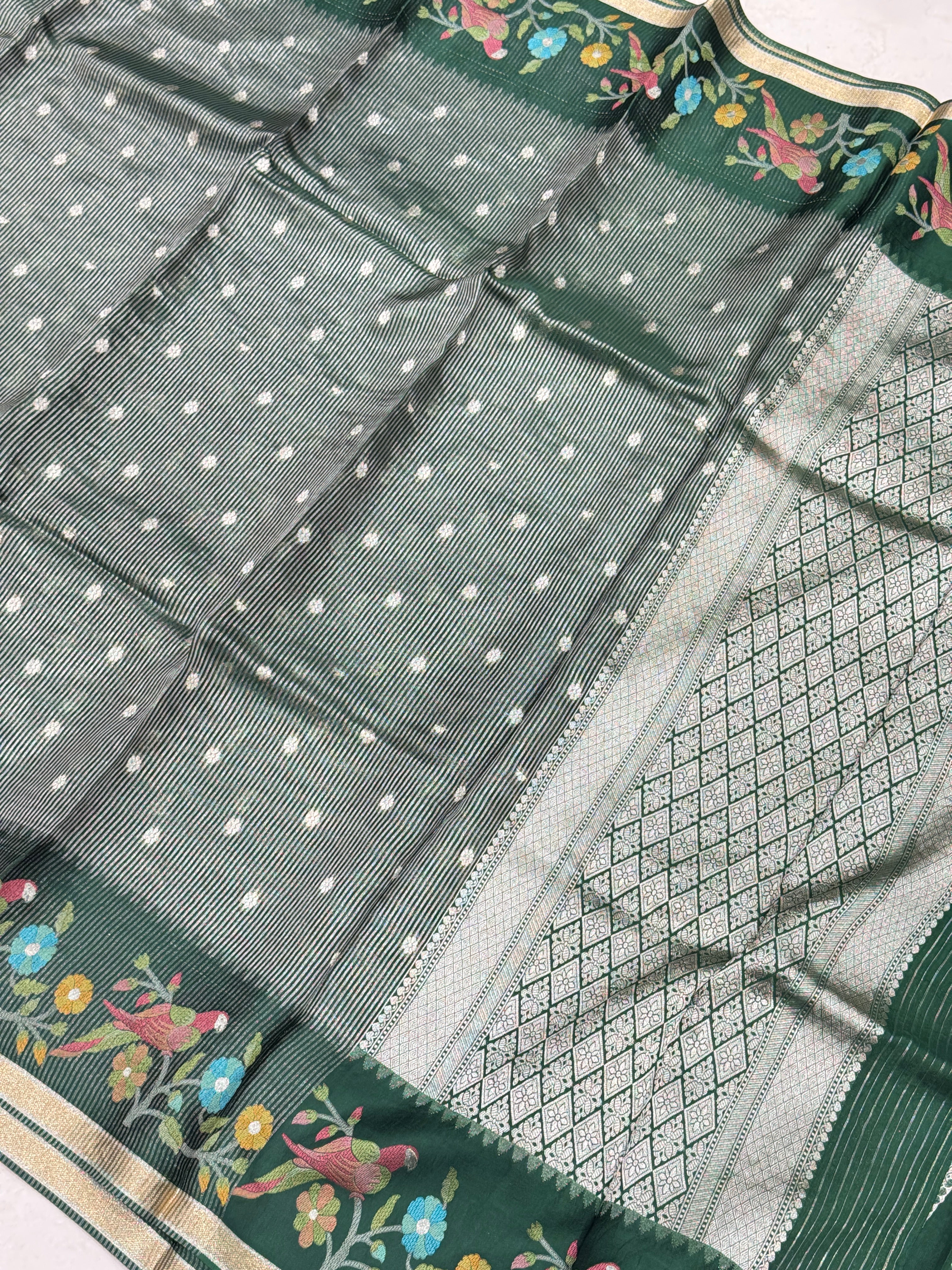 Bottle Green Contemporary Tissue Parsi Petit Point Weaved Saree