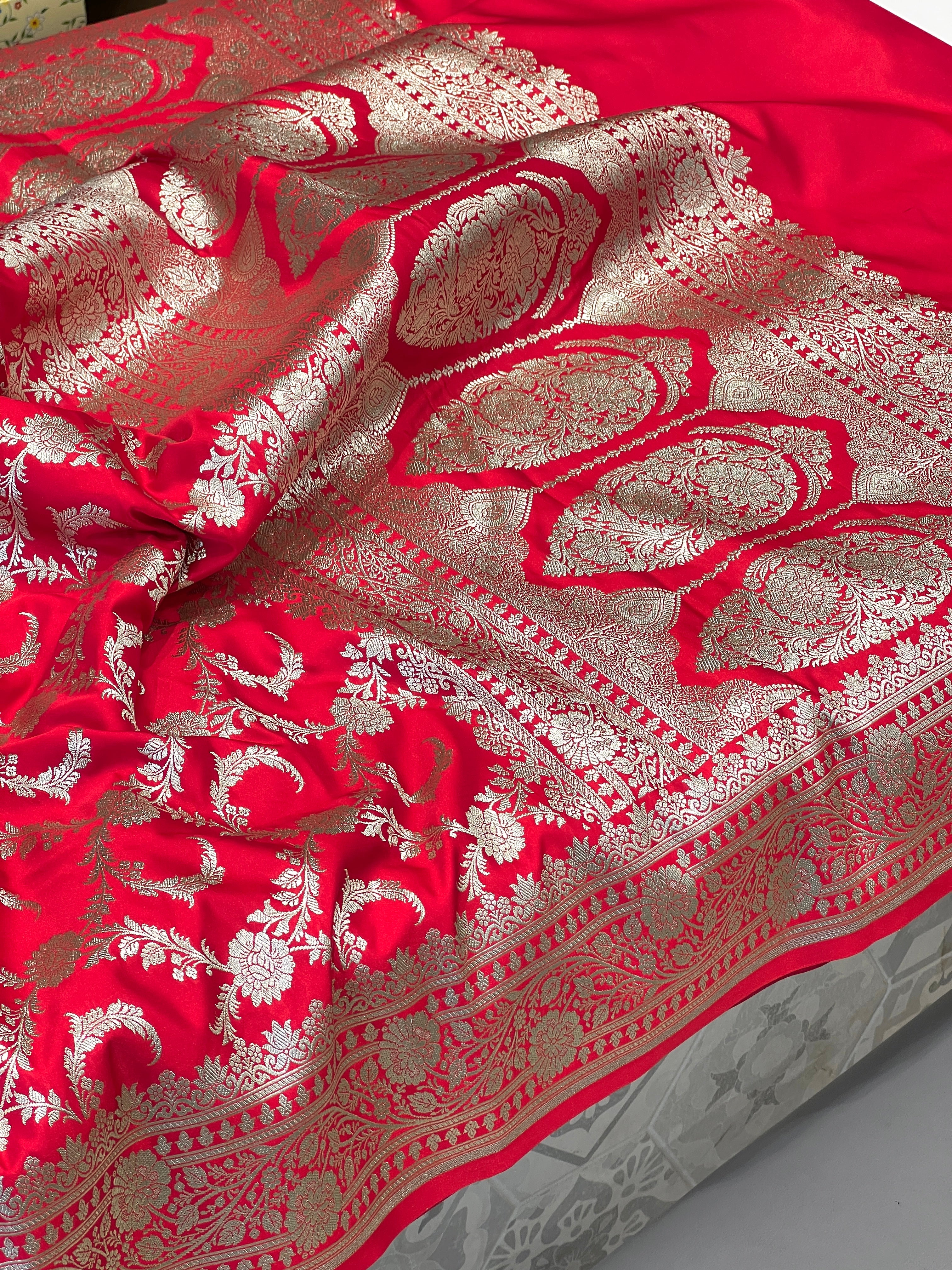 Red Banarasi Silk Sliver Jaal Saree