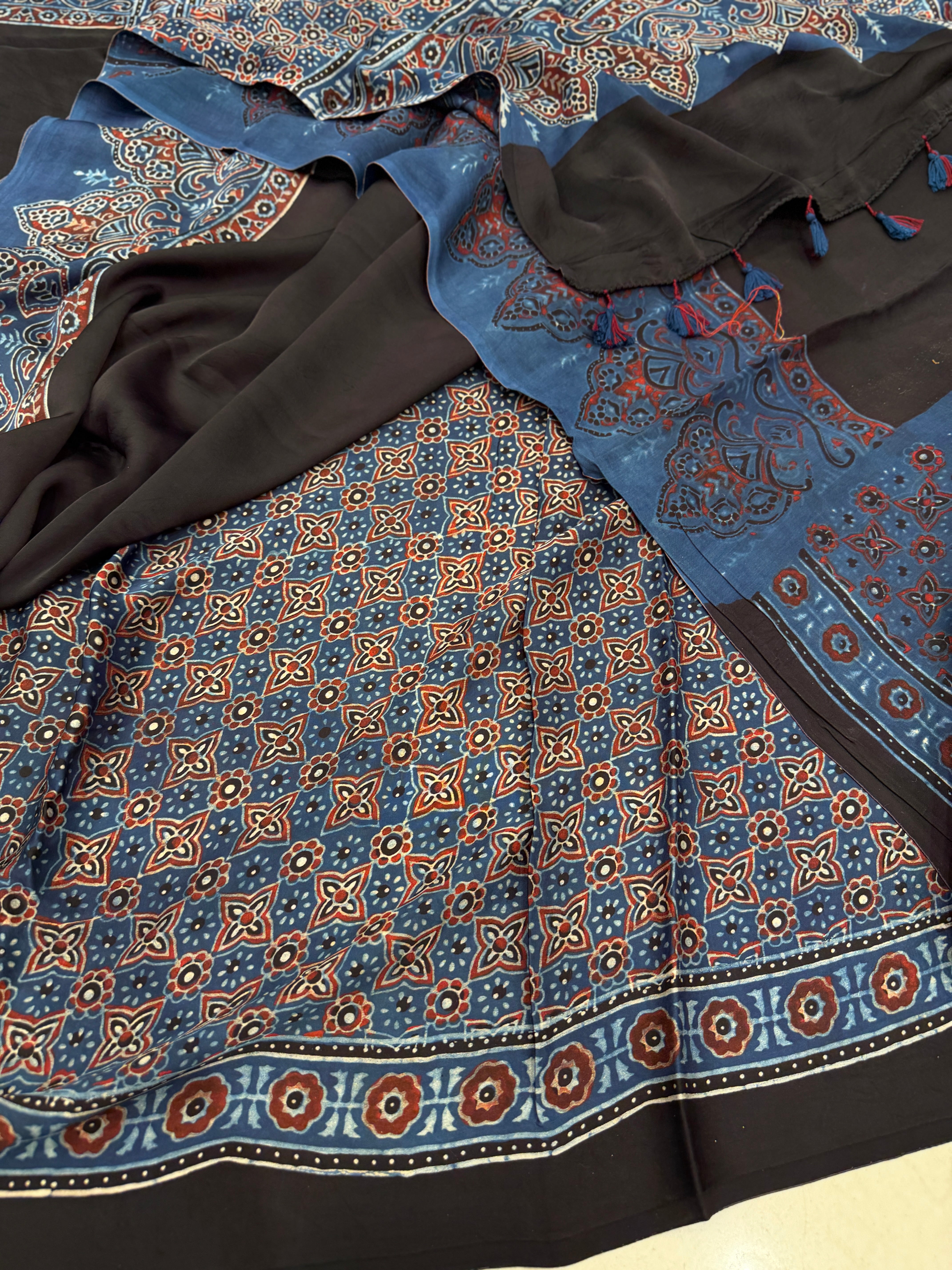 Black Plain Blue Border Ajrakh Hand Block Print Pure Modal Silk Saree