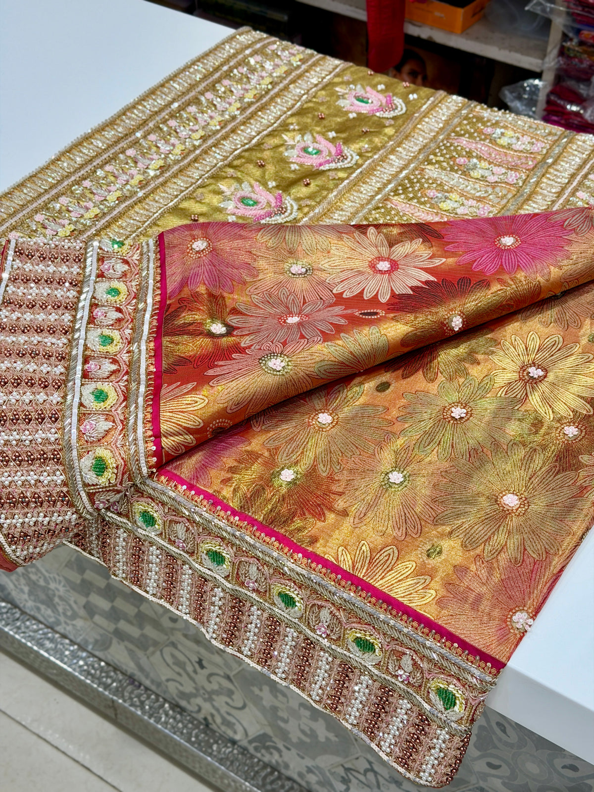 Red Floral Contrast Meenakari Tissue Kanjivaram Zardosi Hand Embroidery Saree