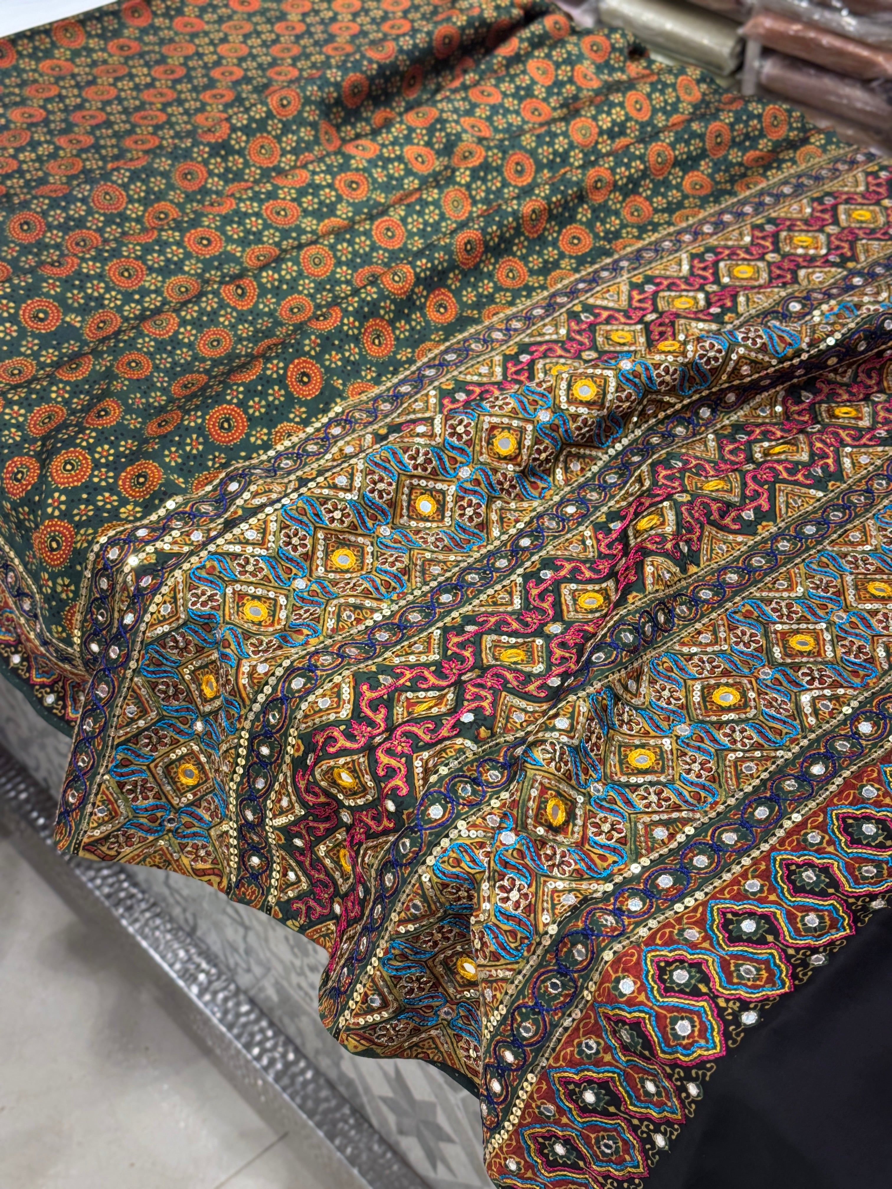 Green Kutchi Hand Embroidery Ajrakh Saree