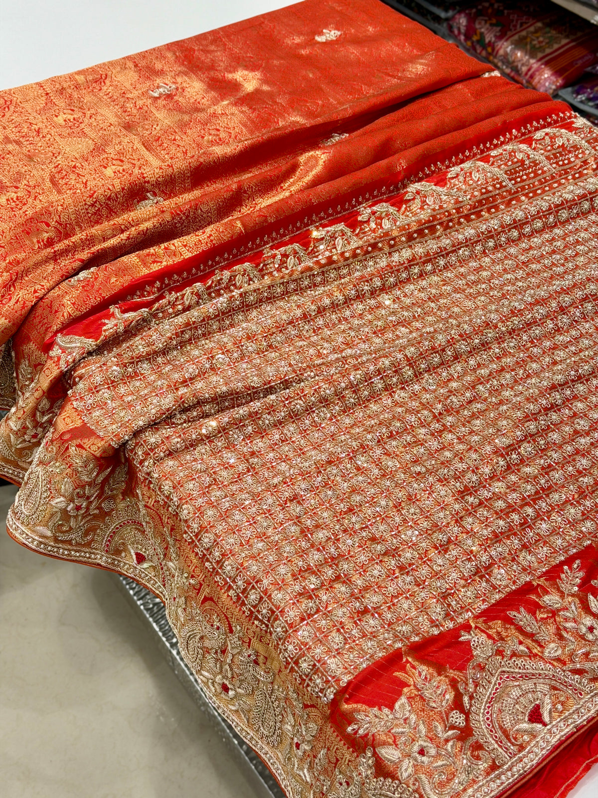 Red Kanjivaram Peacock Motif Hand Embroidery Zardosi Saree