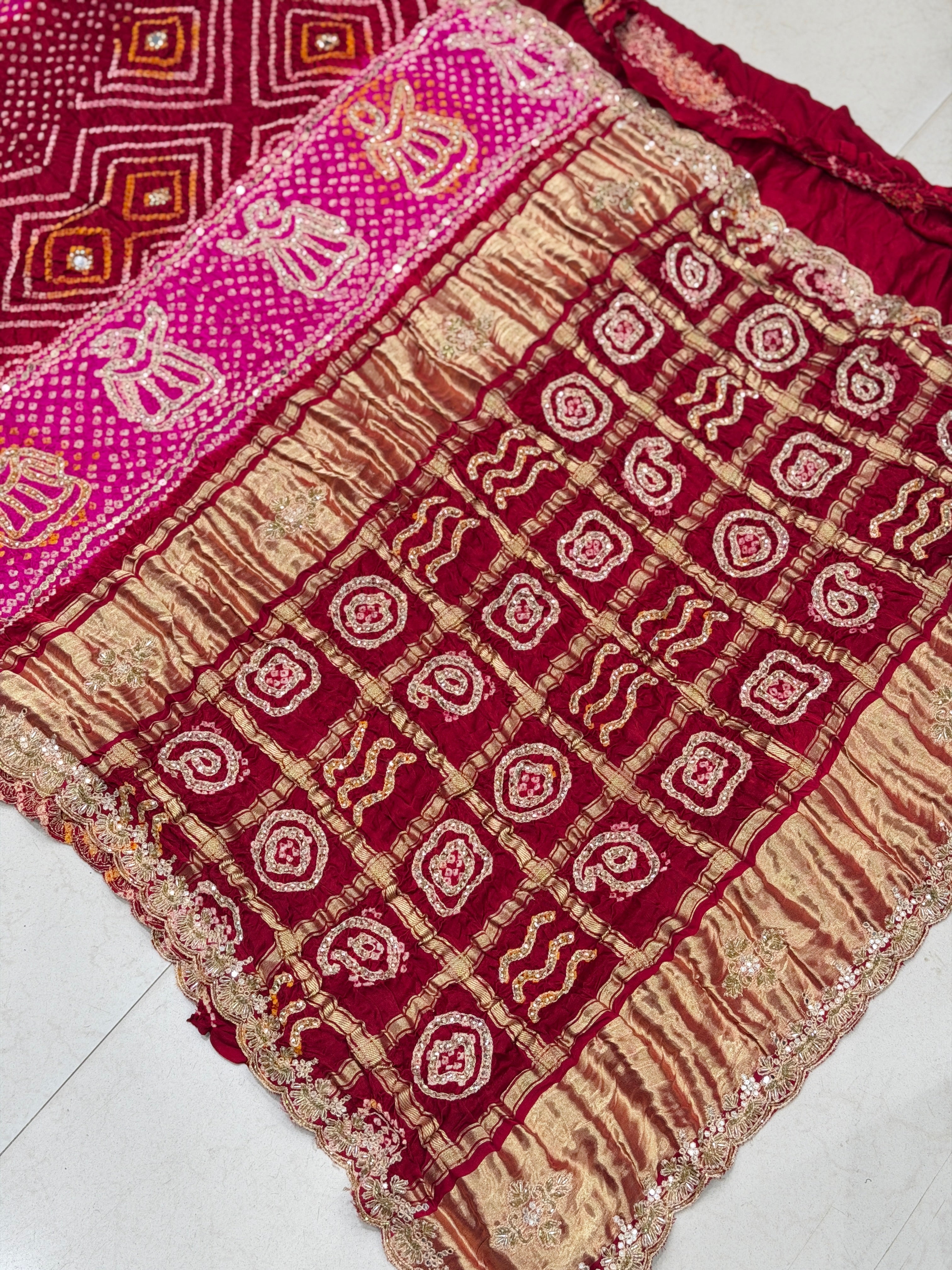 Maroon Rani Gajji Silk Rai Bandhej Gharchola Hand Embroidery Saree