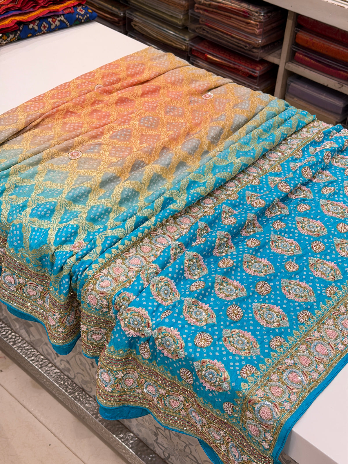 Pastel Shaded Bandhej Hand Embroidery Moti Zardosi Saree