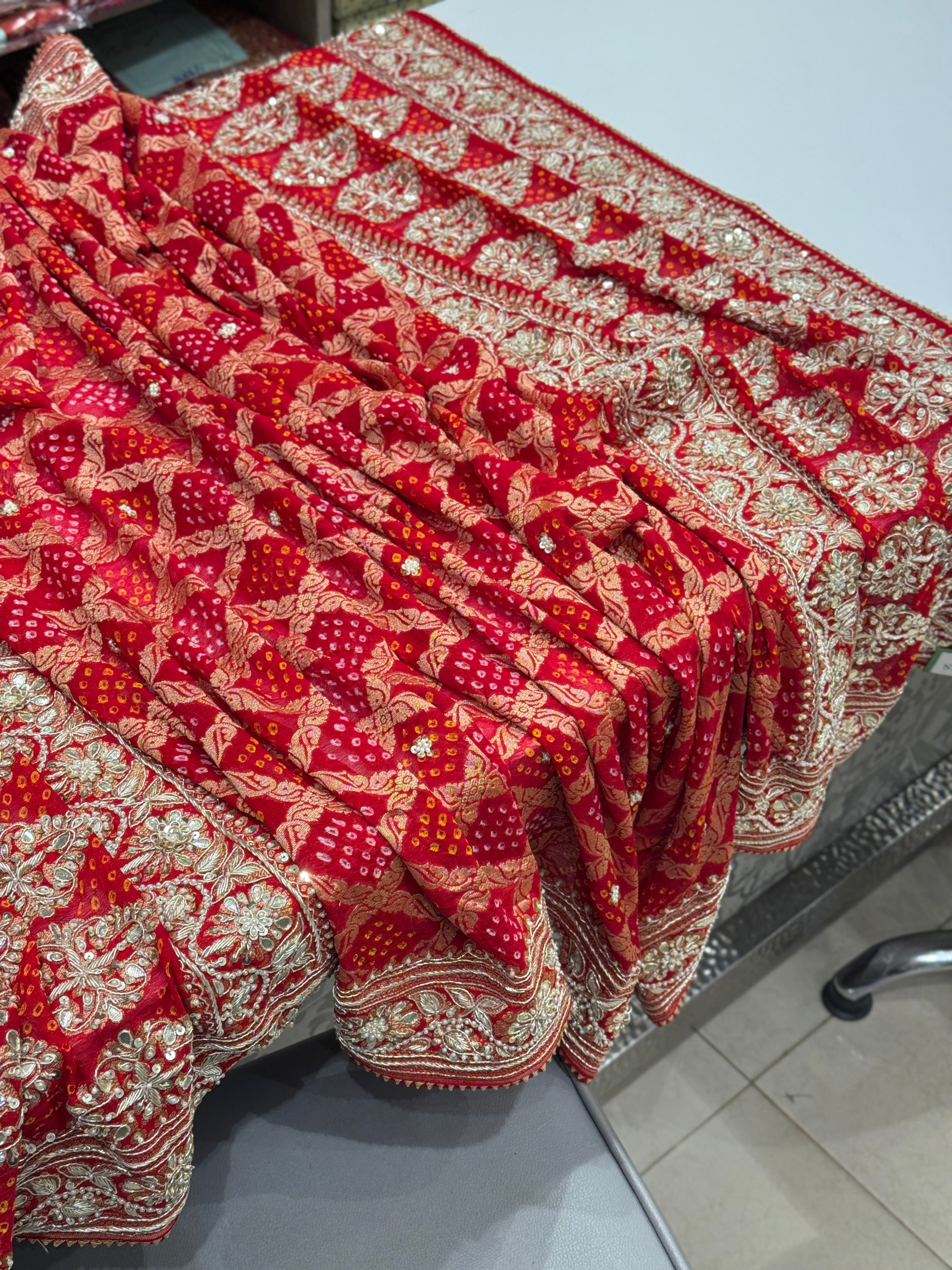 Red Hand Embroidery Bandhej Dupatta