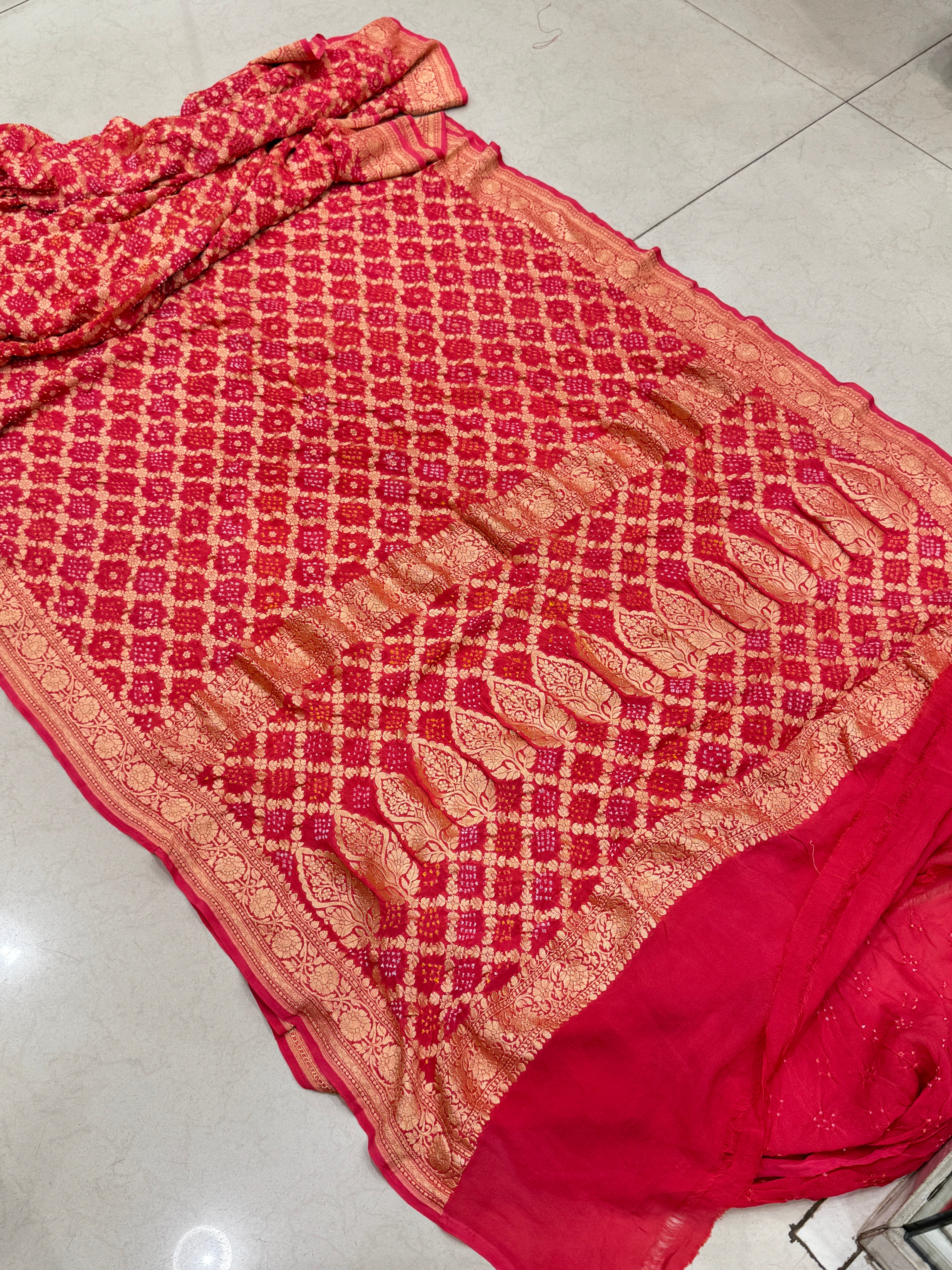 Peach Garnet Bandhej Bandhini Saree