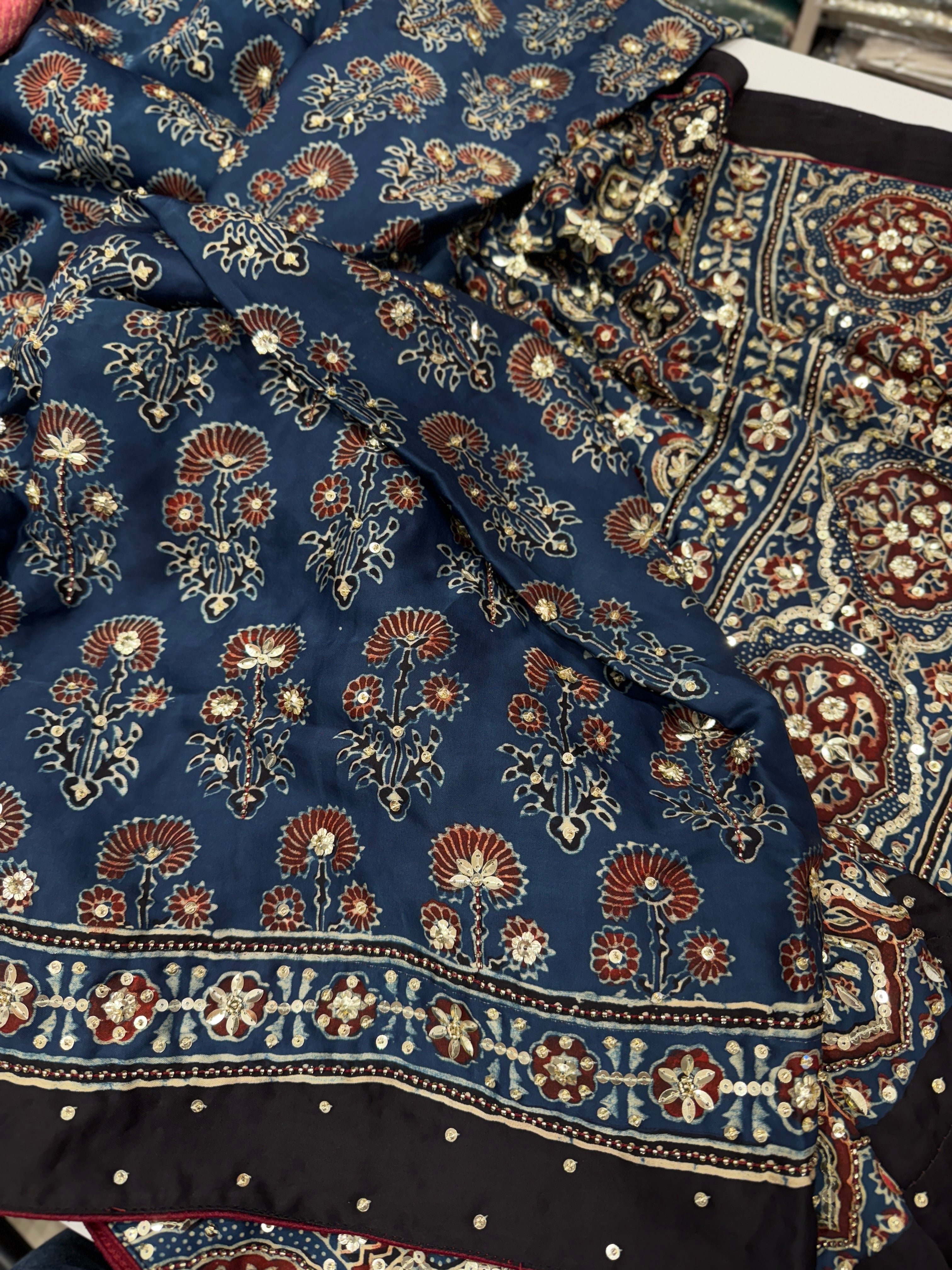 Blue Ajrakh Buttas Sequins Hand Embroidery Saree