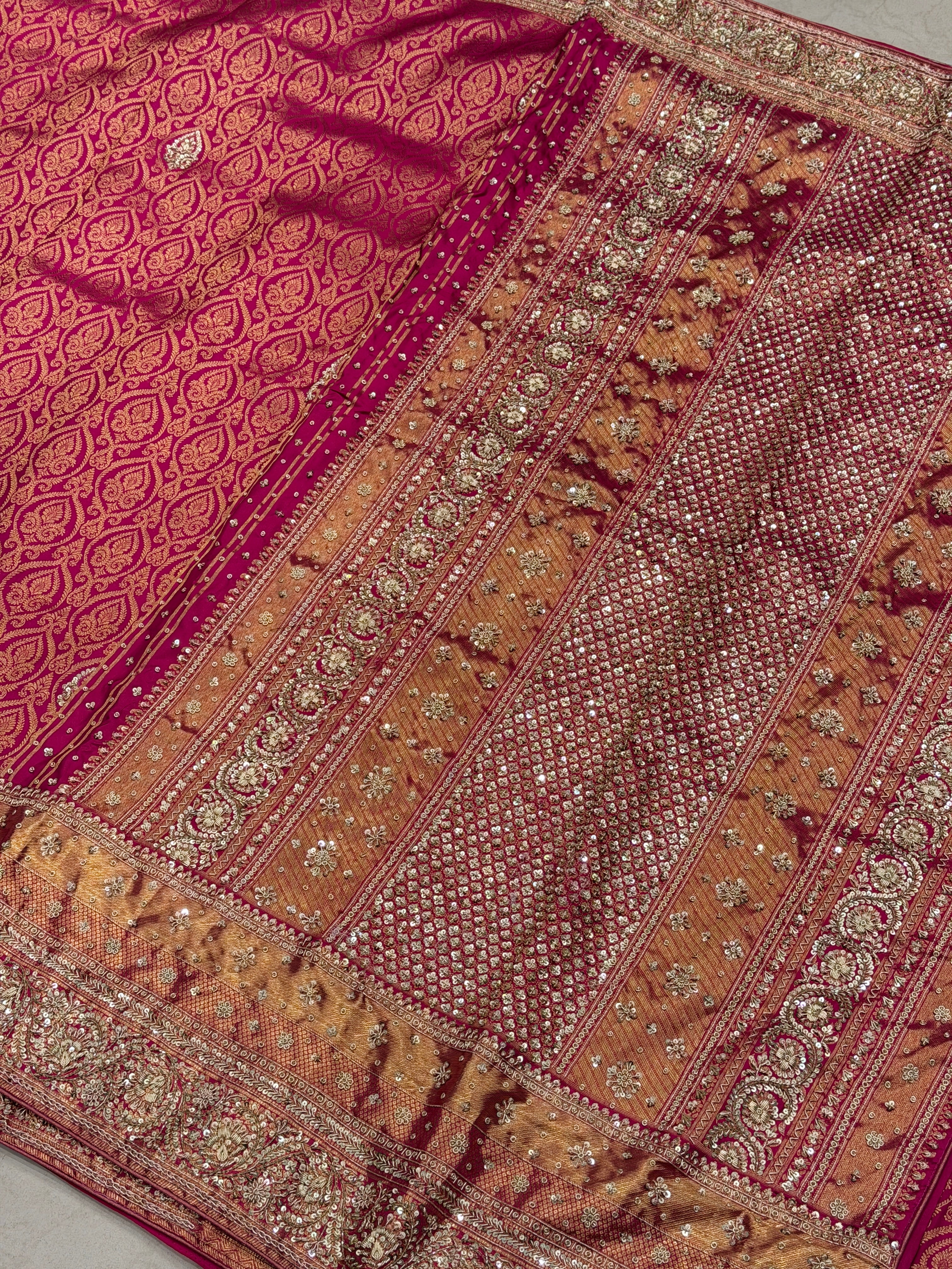 Rani Pink Keri Jaal Kanjivaram Hand Embroidery Zardosi Saree