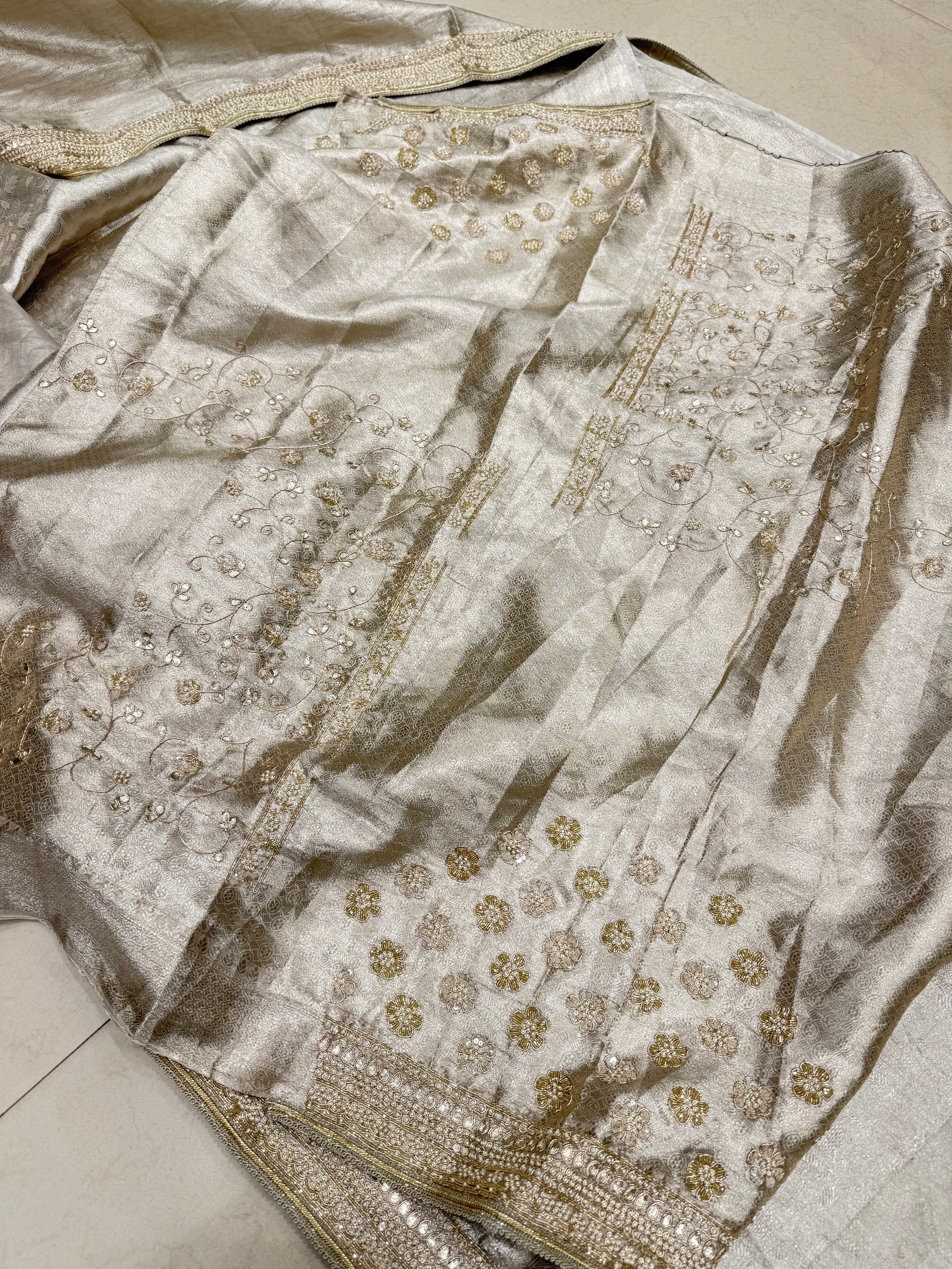 Silver Tissue Kanjivaram Moti Hand Embroidery Saree