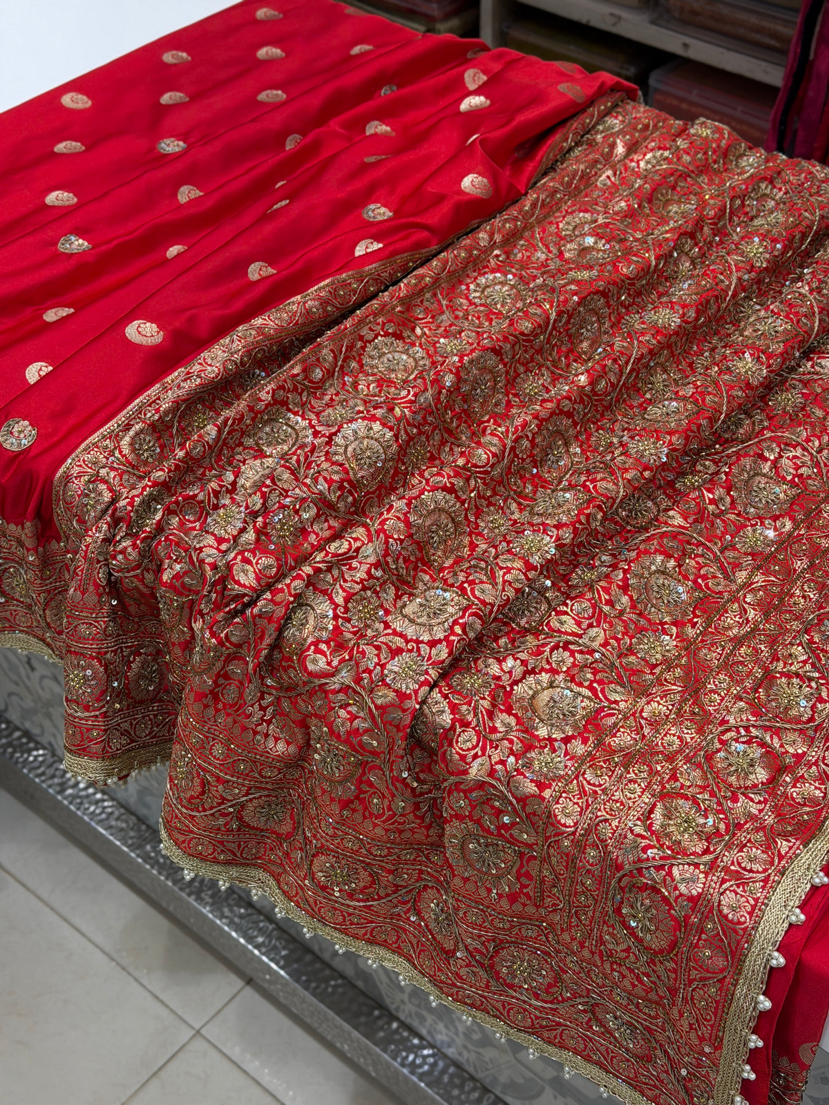 Cross Red Banarasi Chand Buttis Antique Zardosi Hand Embroidery Saree