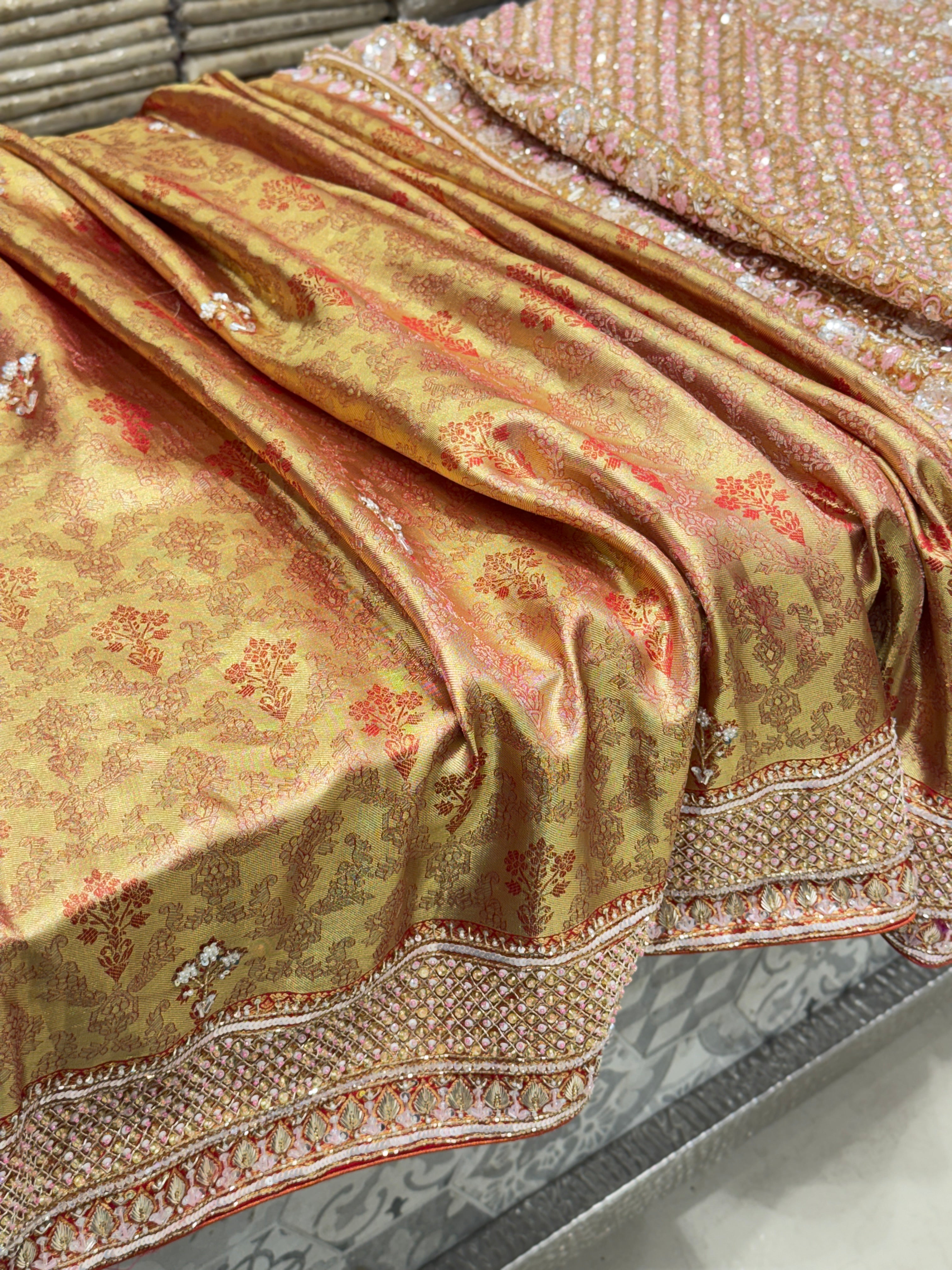 Red Jaal Tissue Kanjivaram Hand Embroidery Saree