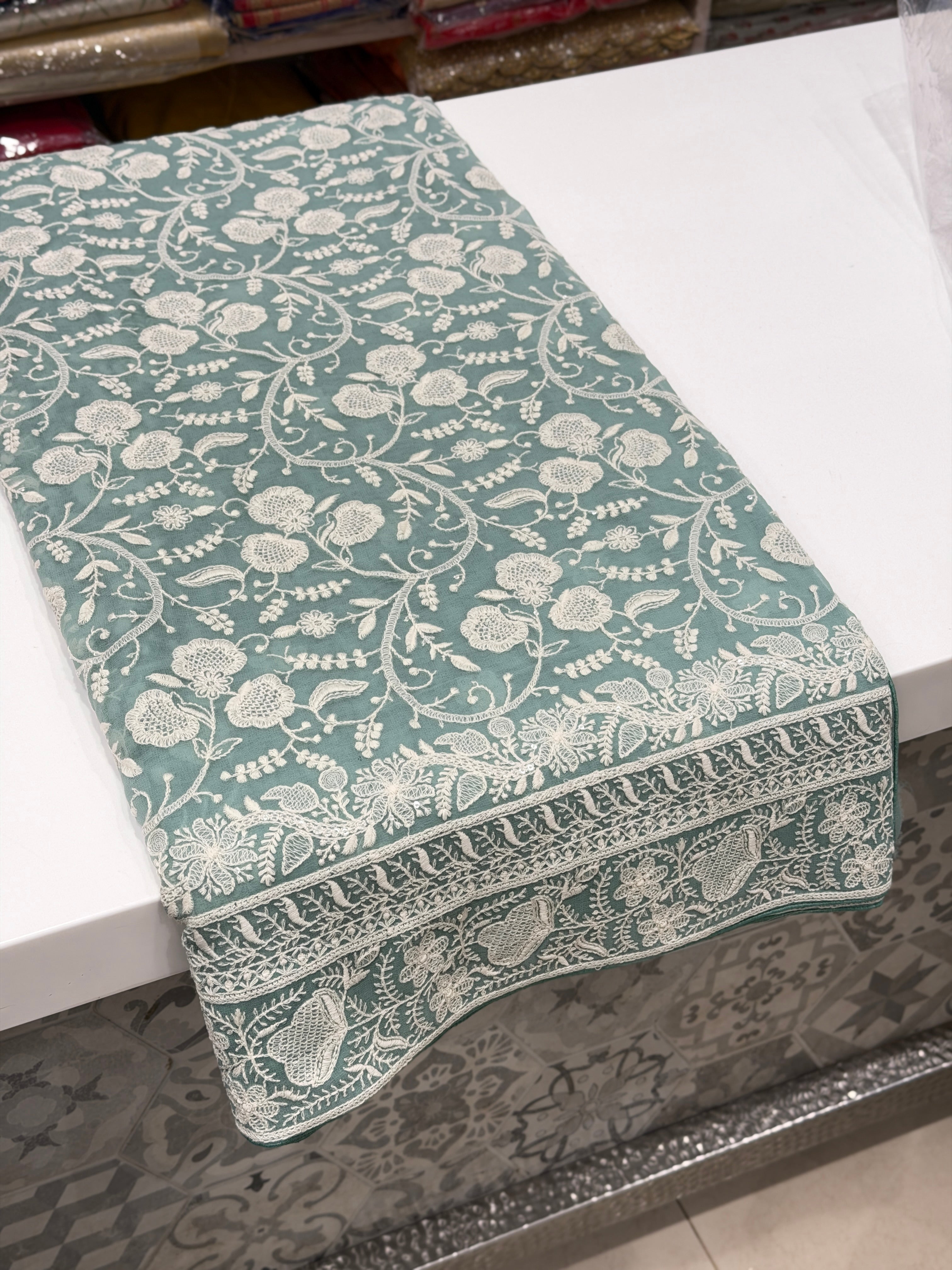 Mint Green Georgette Chikankari Three Floral Jaal Resham Embroidery Saree