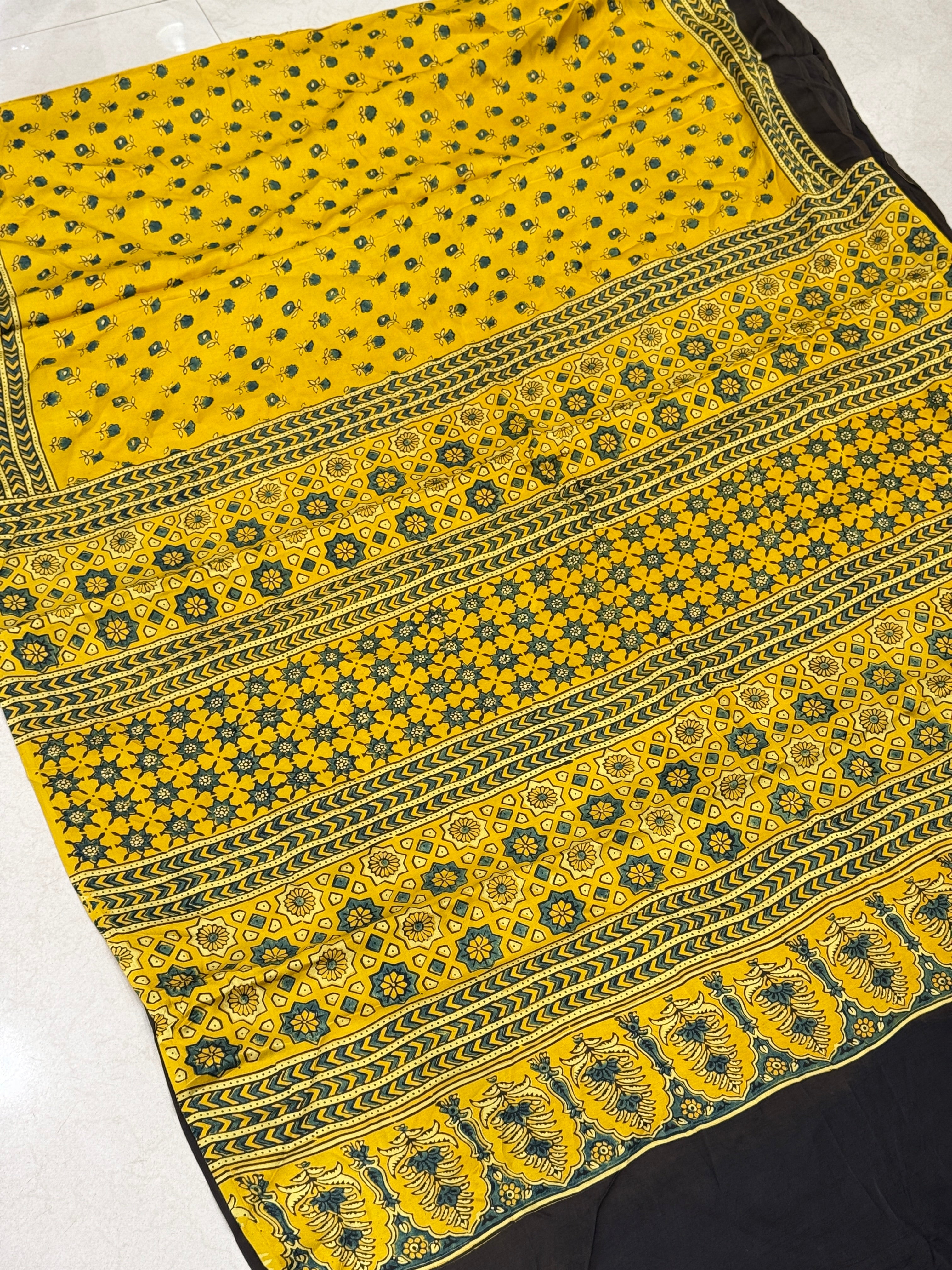 Yellow Butti Modal Silk Ajrakh Saree