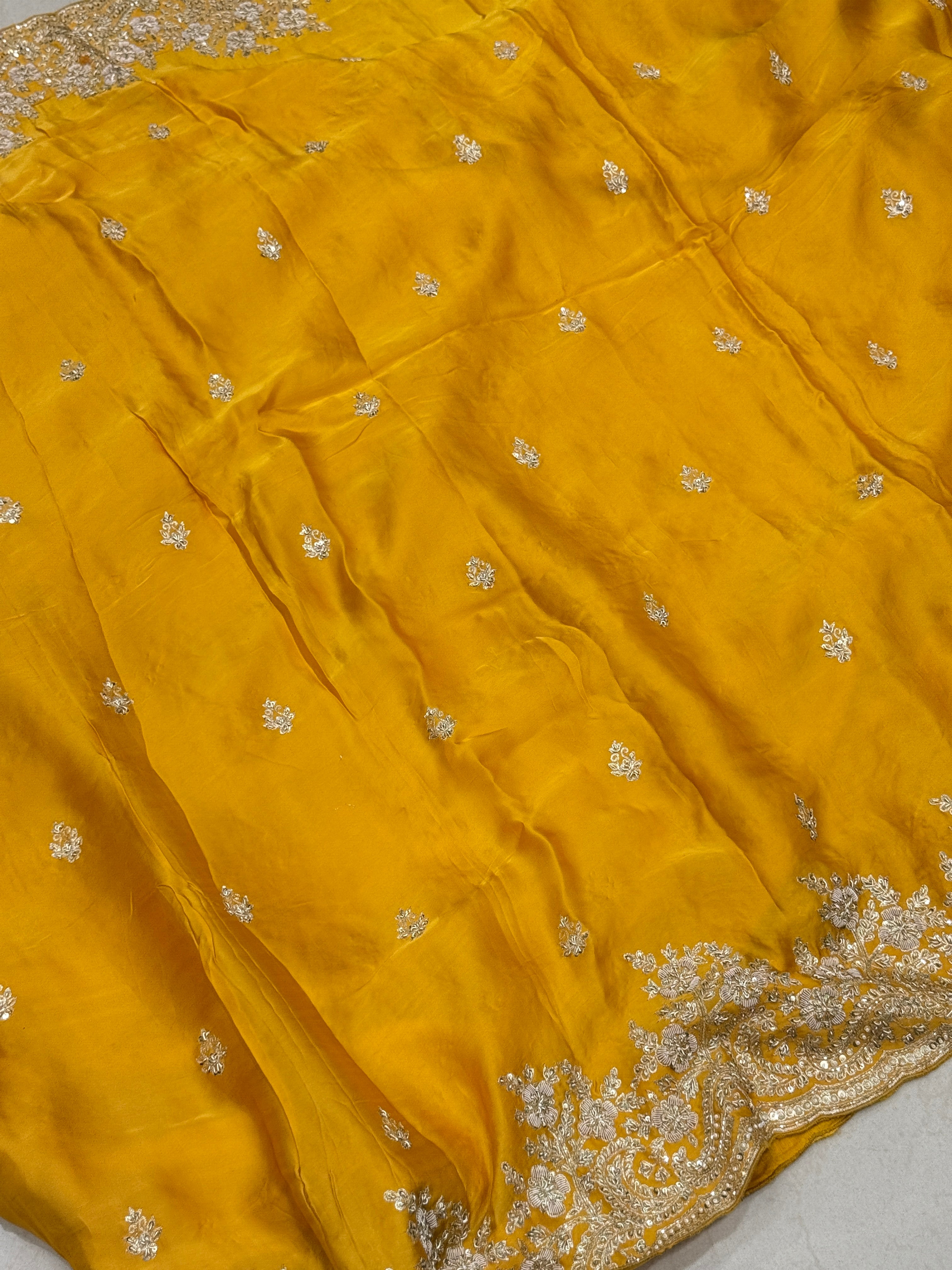 Mustard Yellow Buttis Pure Satin Hand Embroidery Zardosi Saree