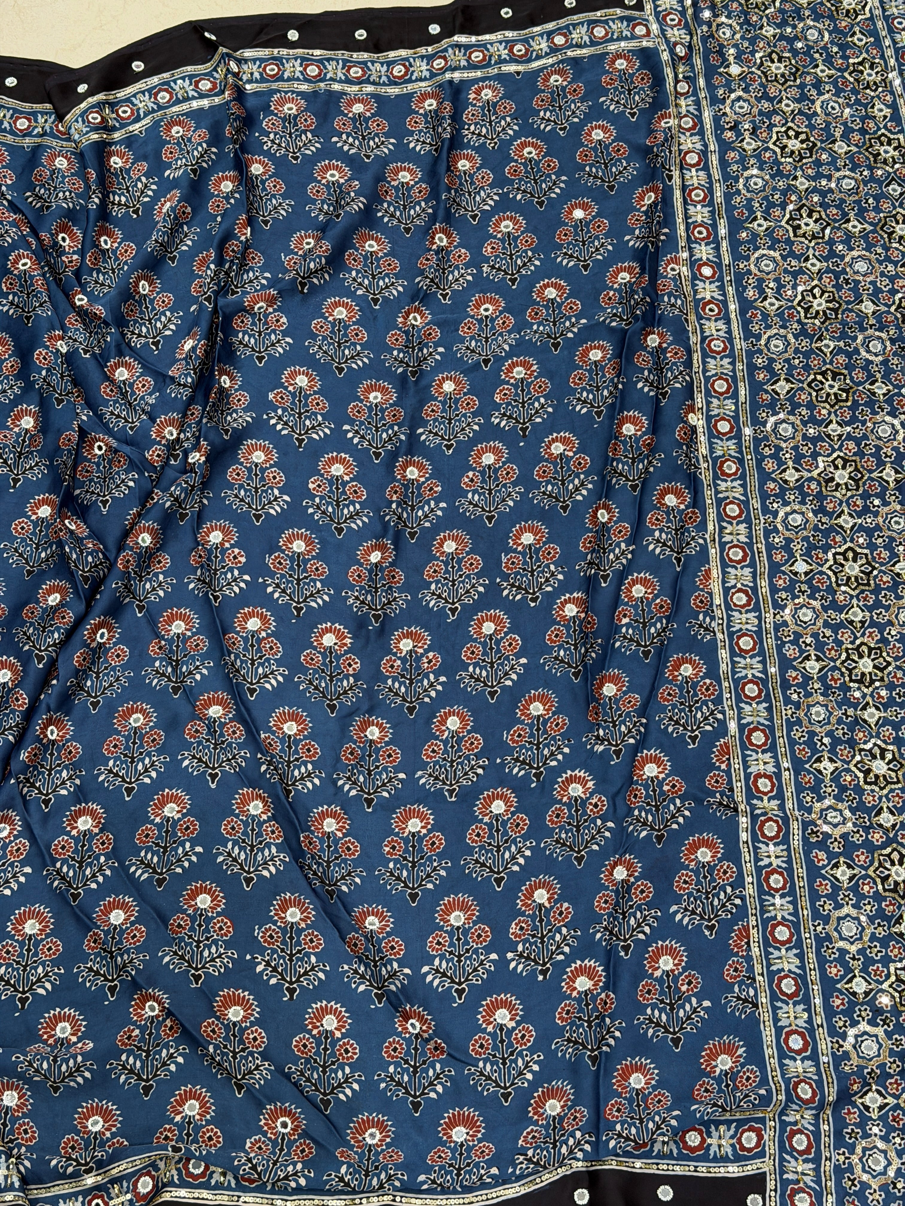 Blue Three Floral Buttas Ajrakh Real Mirror Moti Sequin Hand Embroidery Saree