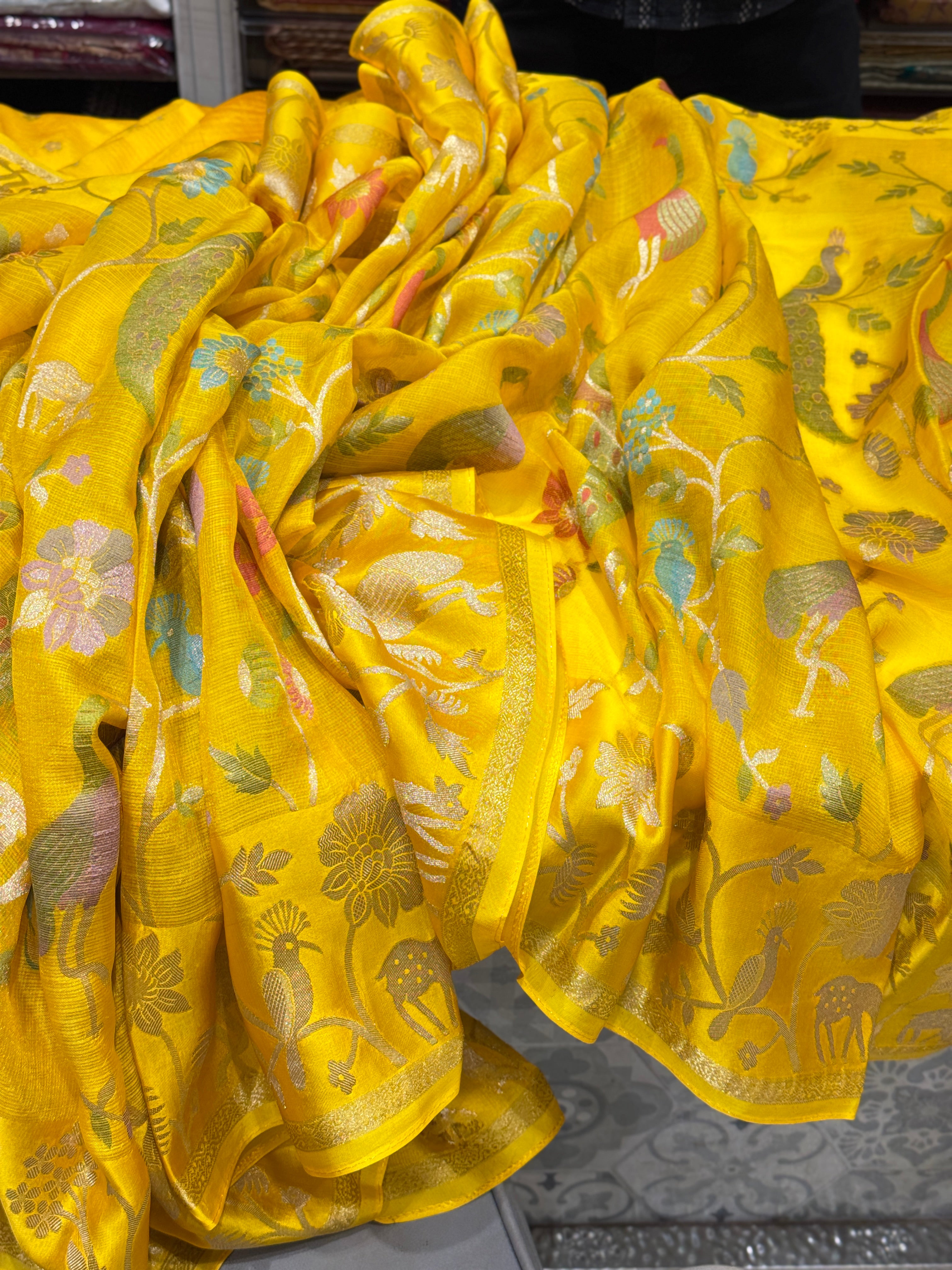 Yellow Meenakari Manipuri Kora Silk Saree