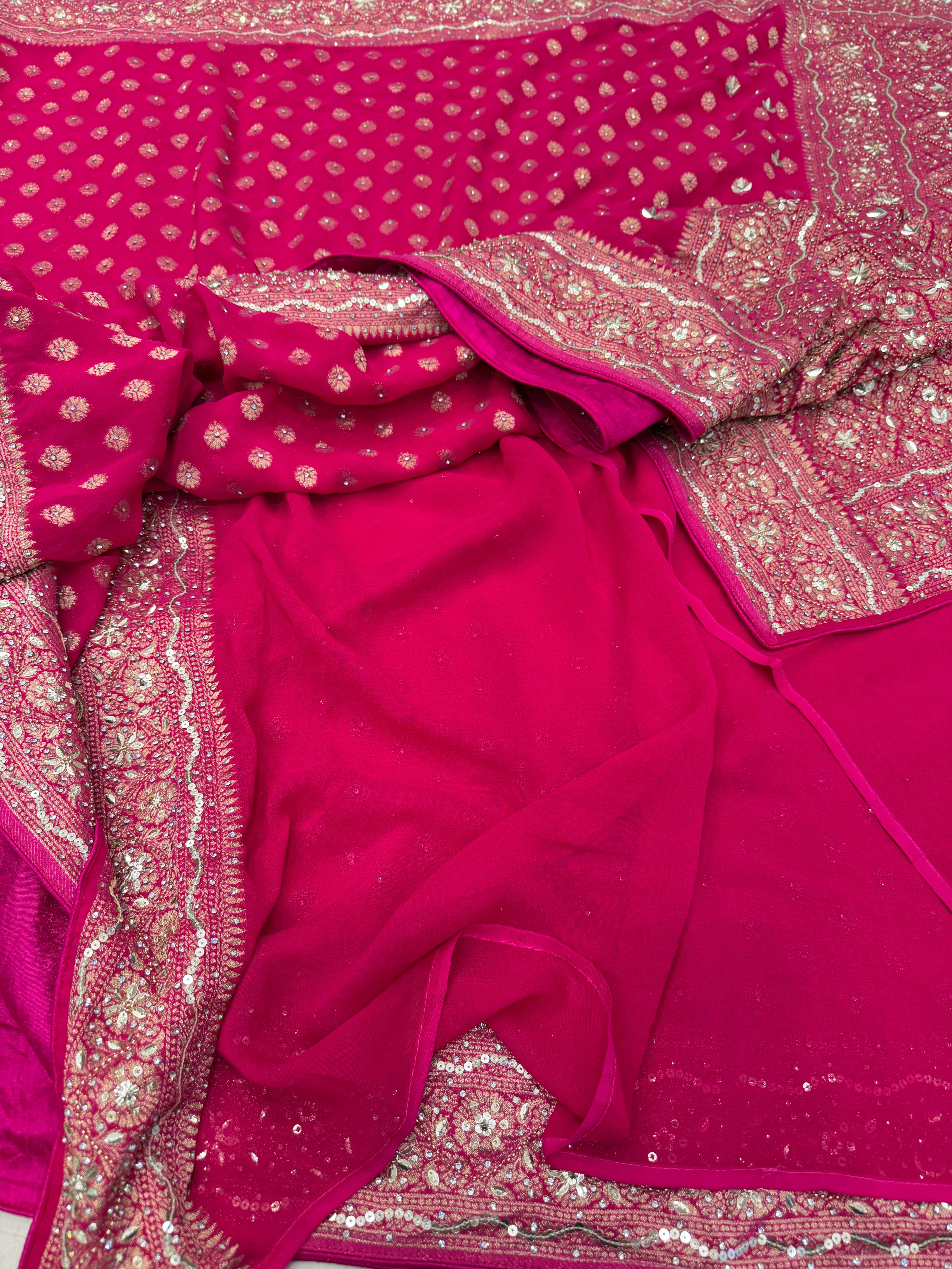 Rani Banarasi Khaddi Georgette Butti Hand Embroidery Sequin Stone Saree