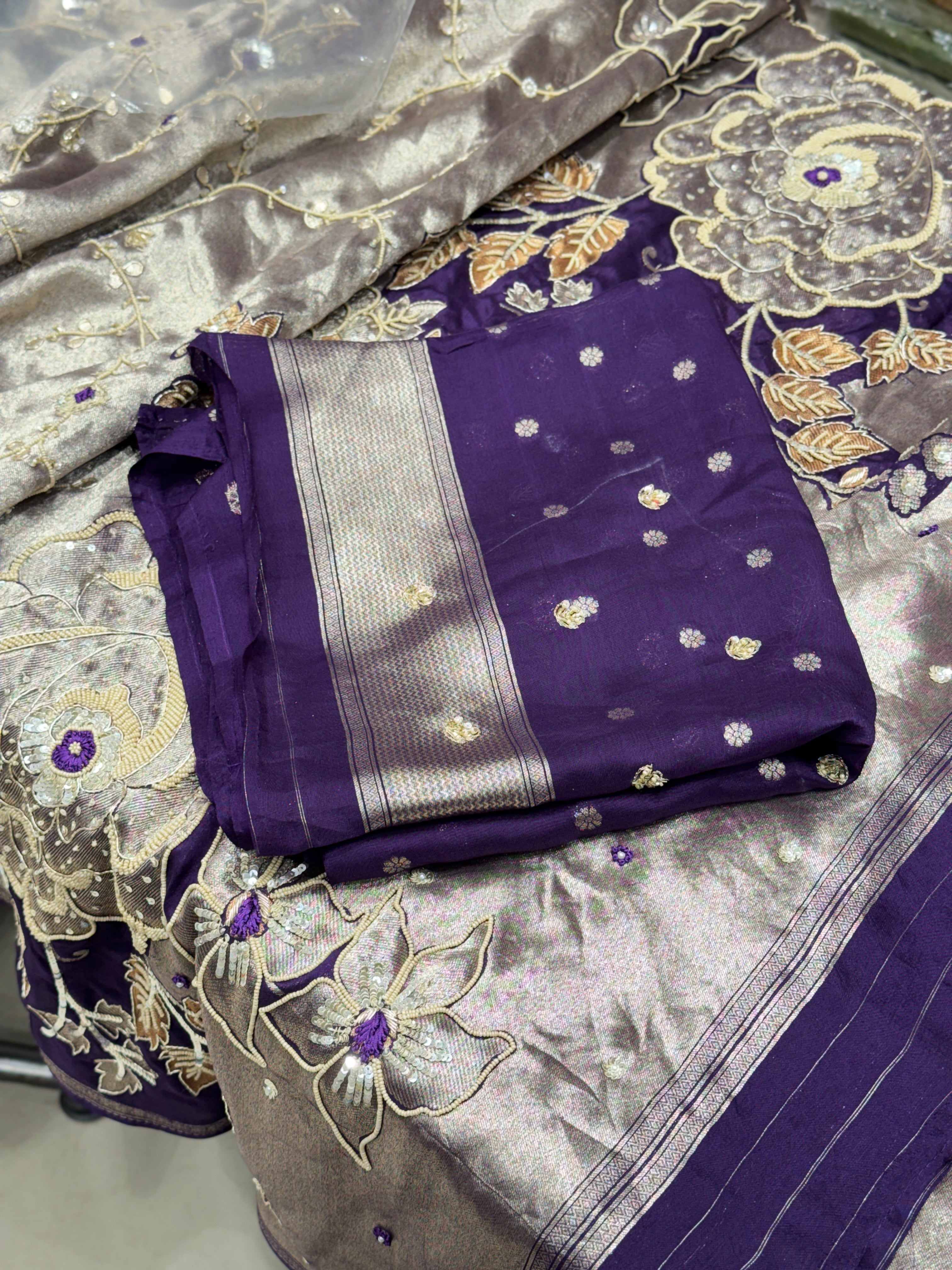 Violet Tissue Floral Pallu Zardosi Embroidery Saree