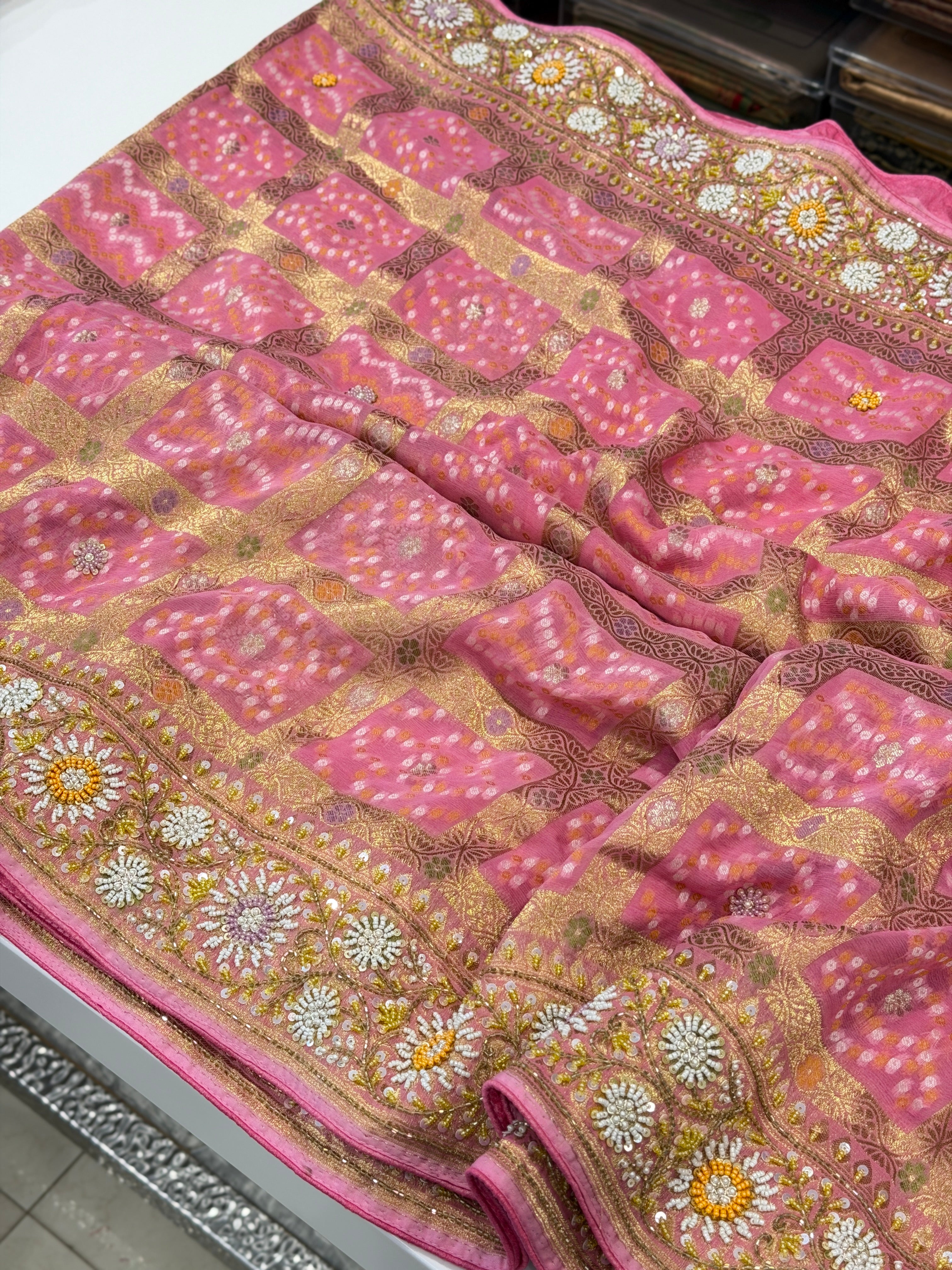 Pink Gharchola without Figures Moti Sequin Zardosi Hand Embroidery Georgette Saree
