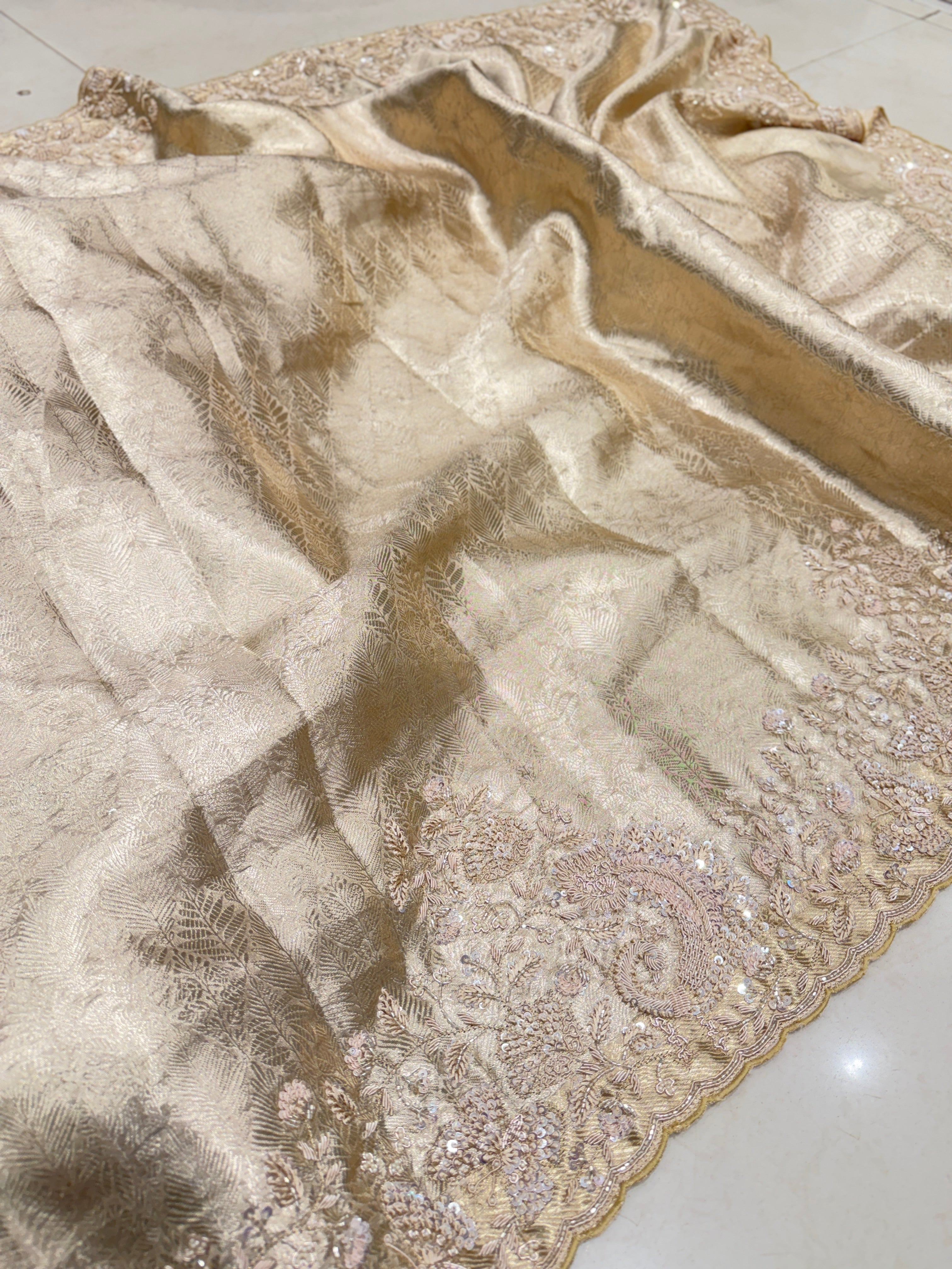 Light Gold Tissue Kanjivaram Zardosi Hand Embroidery Saree