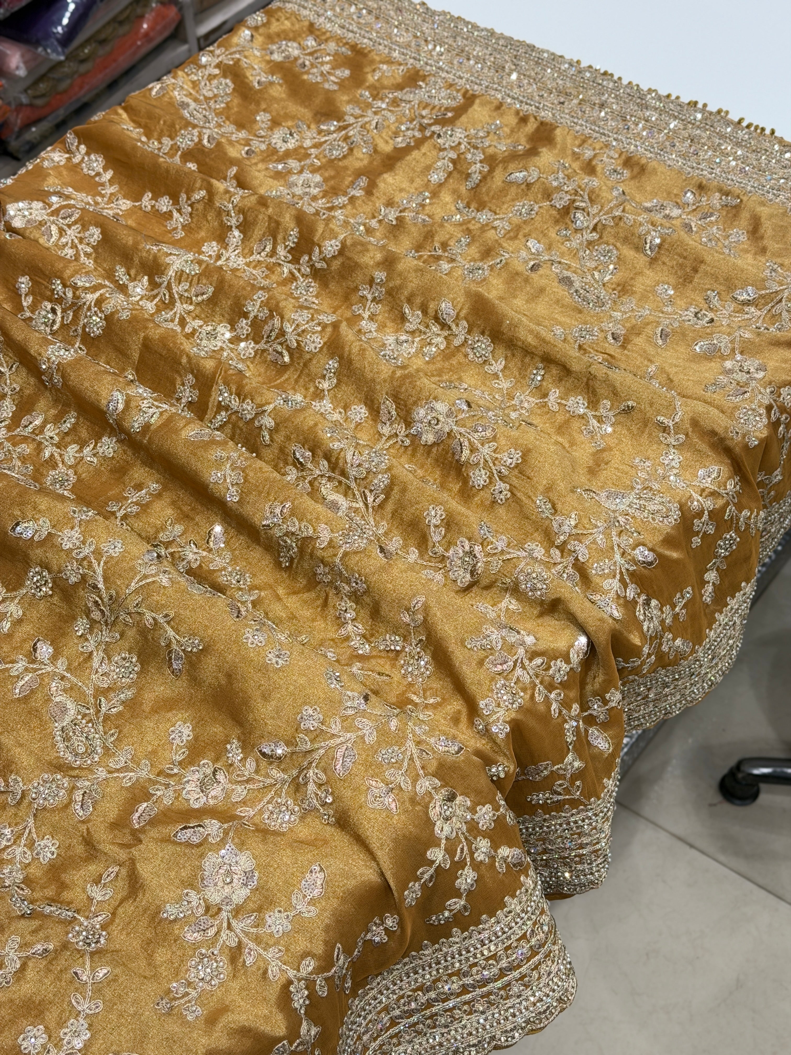 Yellow Tissue Embroidery Jaal Ready Blouse Saree