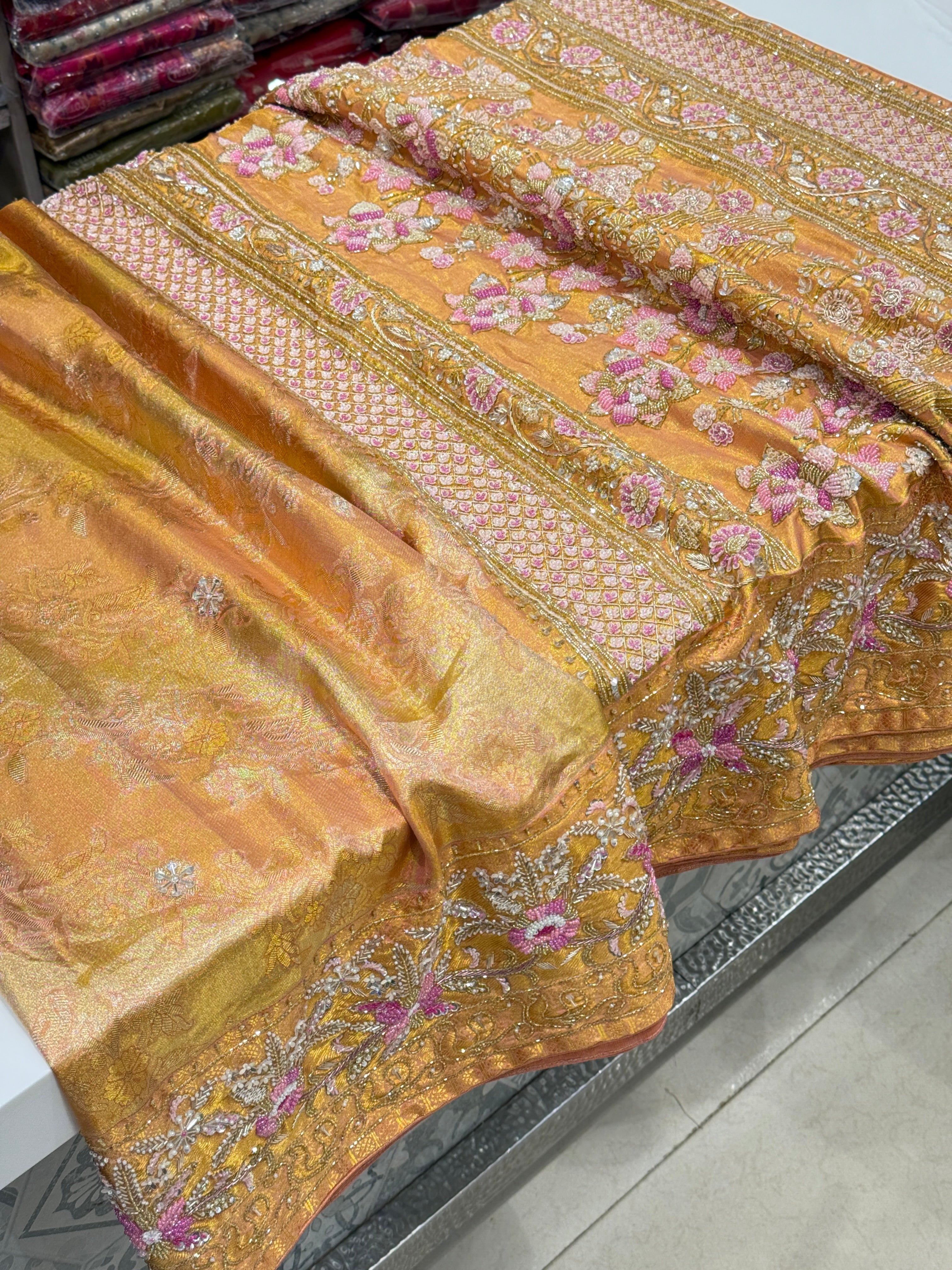 Gold Tissue Kanjivaram Rangkat Hand Embroidery Saree